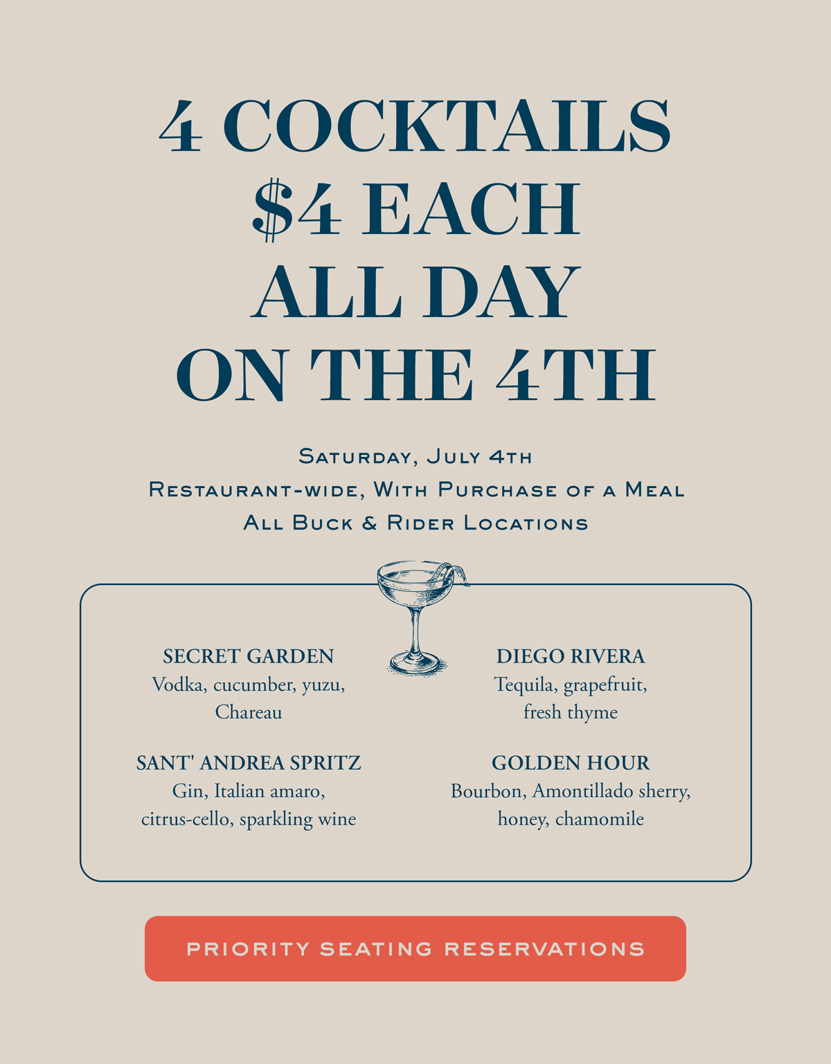 4th of July at Buck & Rider. $4 Cocktails All Day