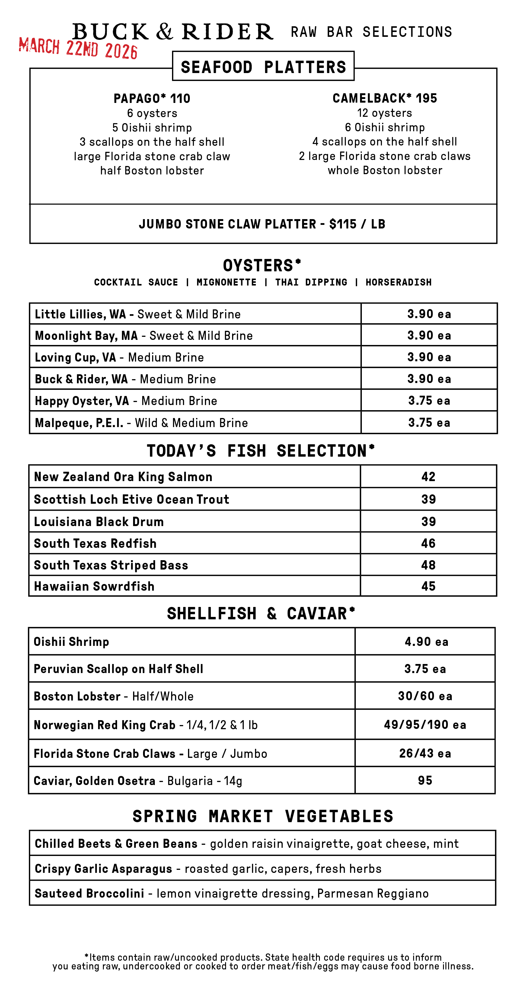 Raw Bar Menu