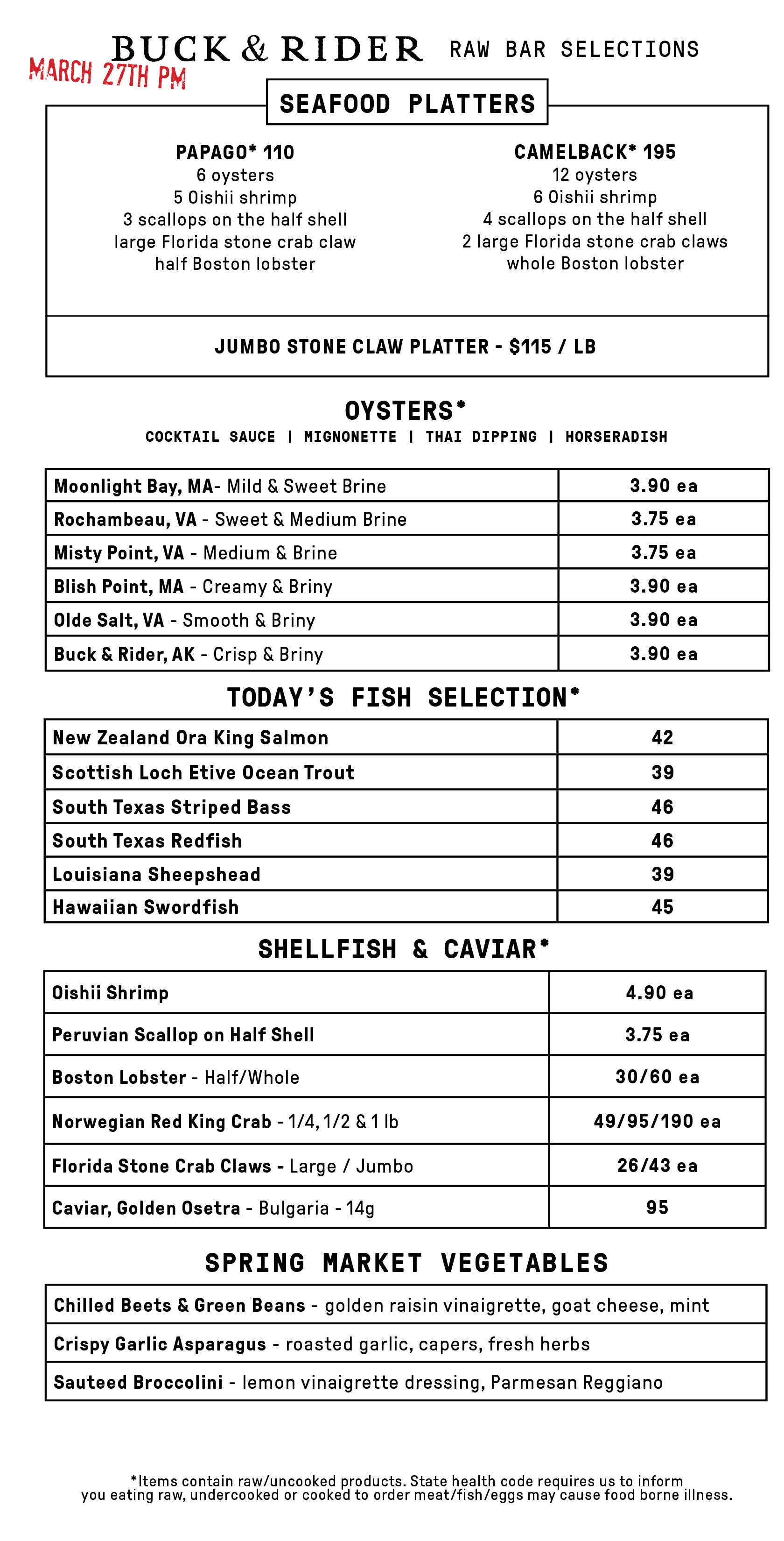 Raw Bar Menu