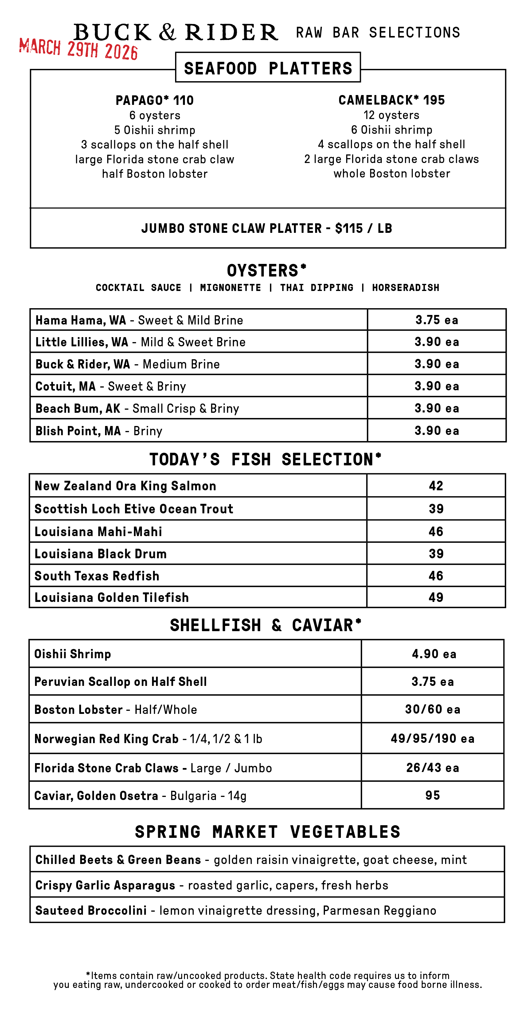 Raw Bar Menu