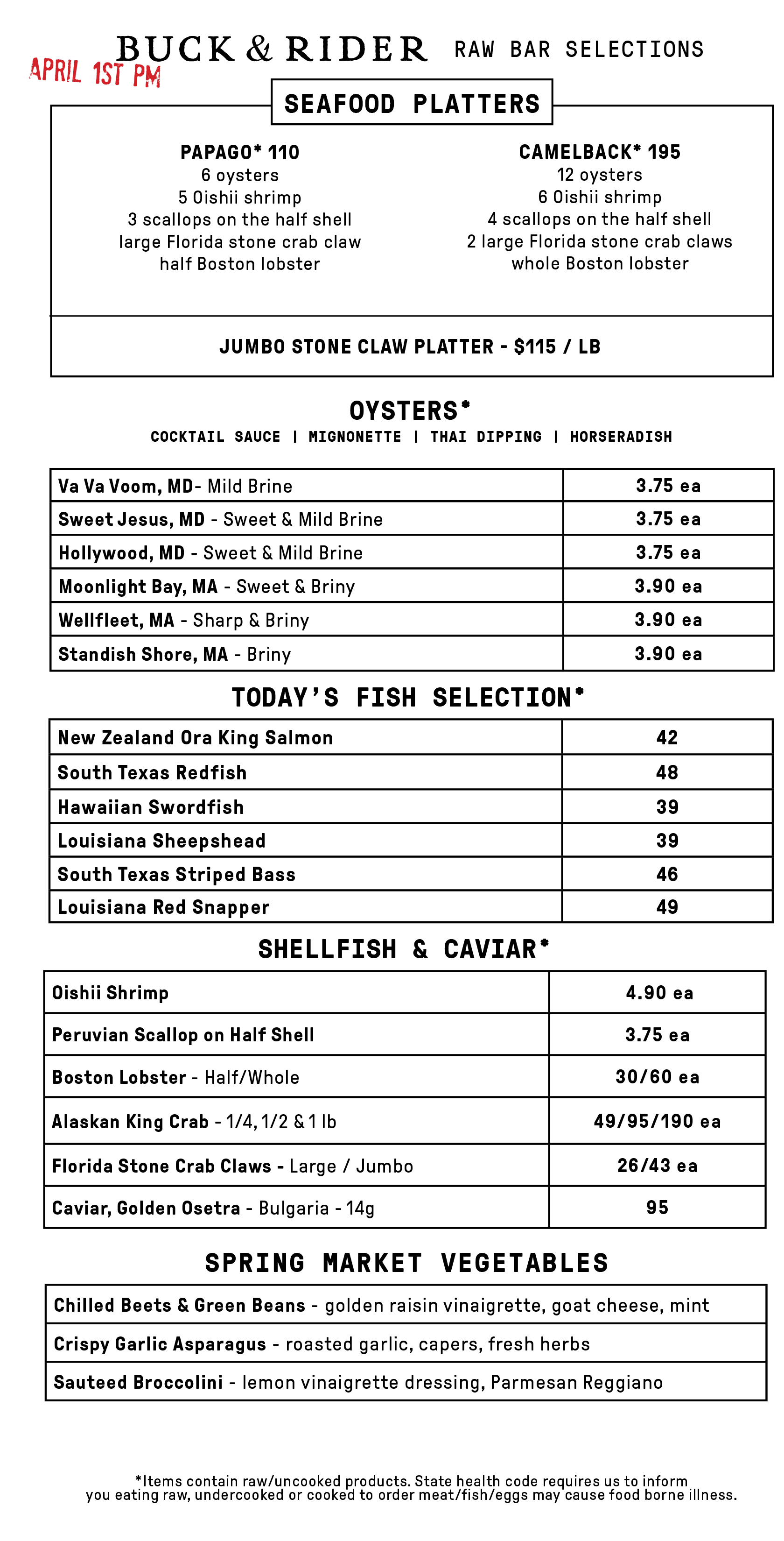 Raw Bar Menu