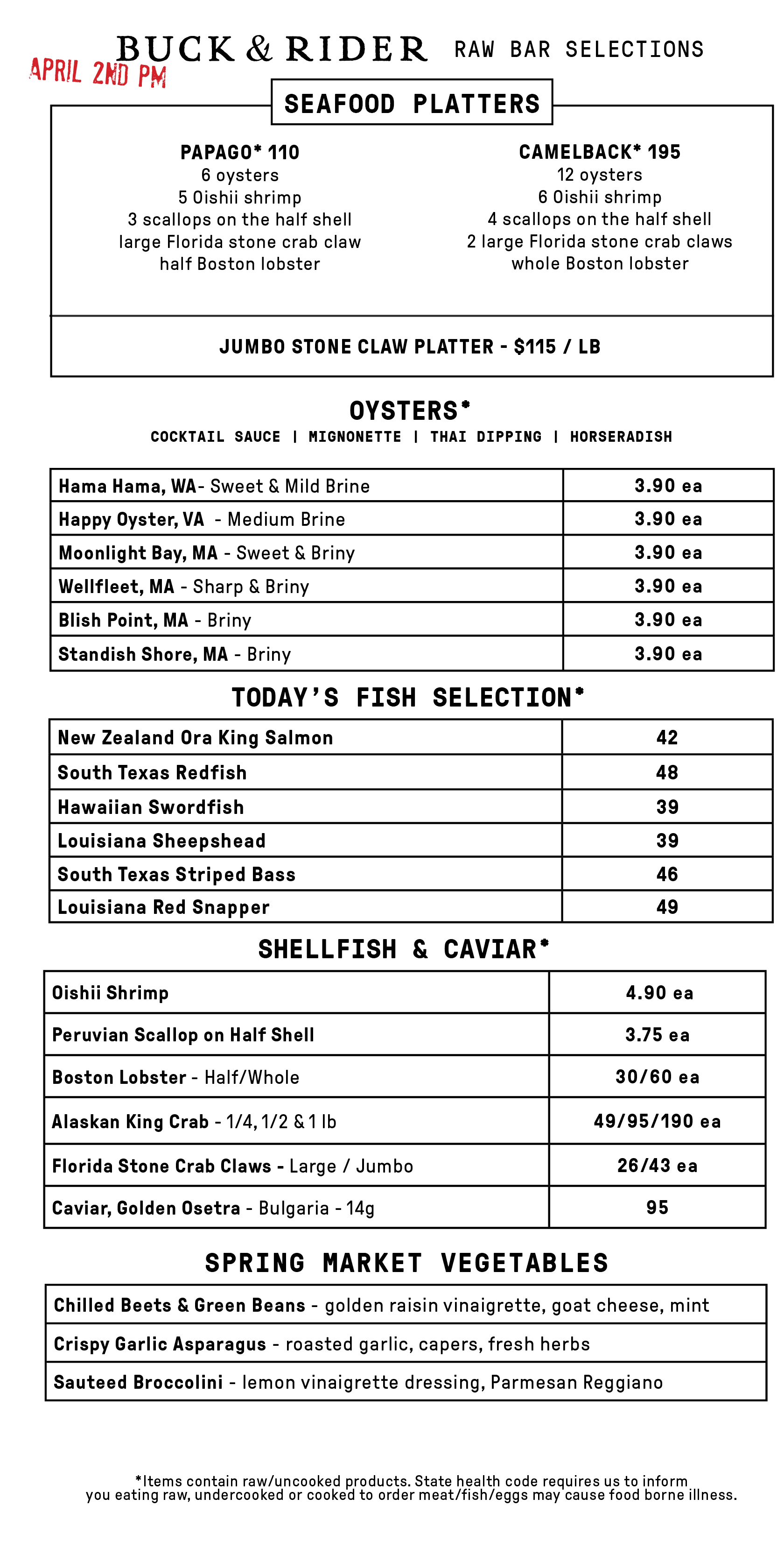Raw Bar Menu