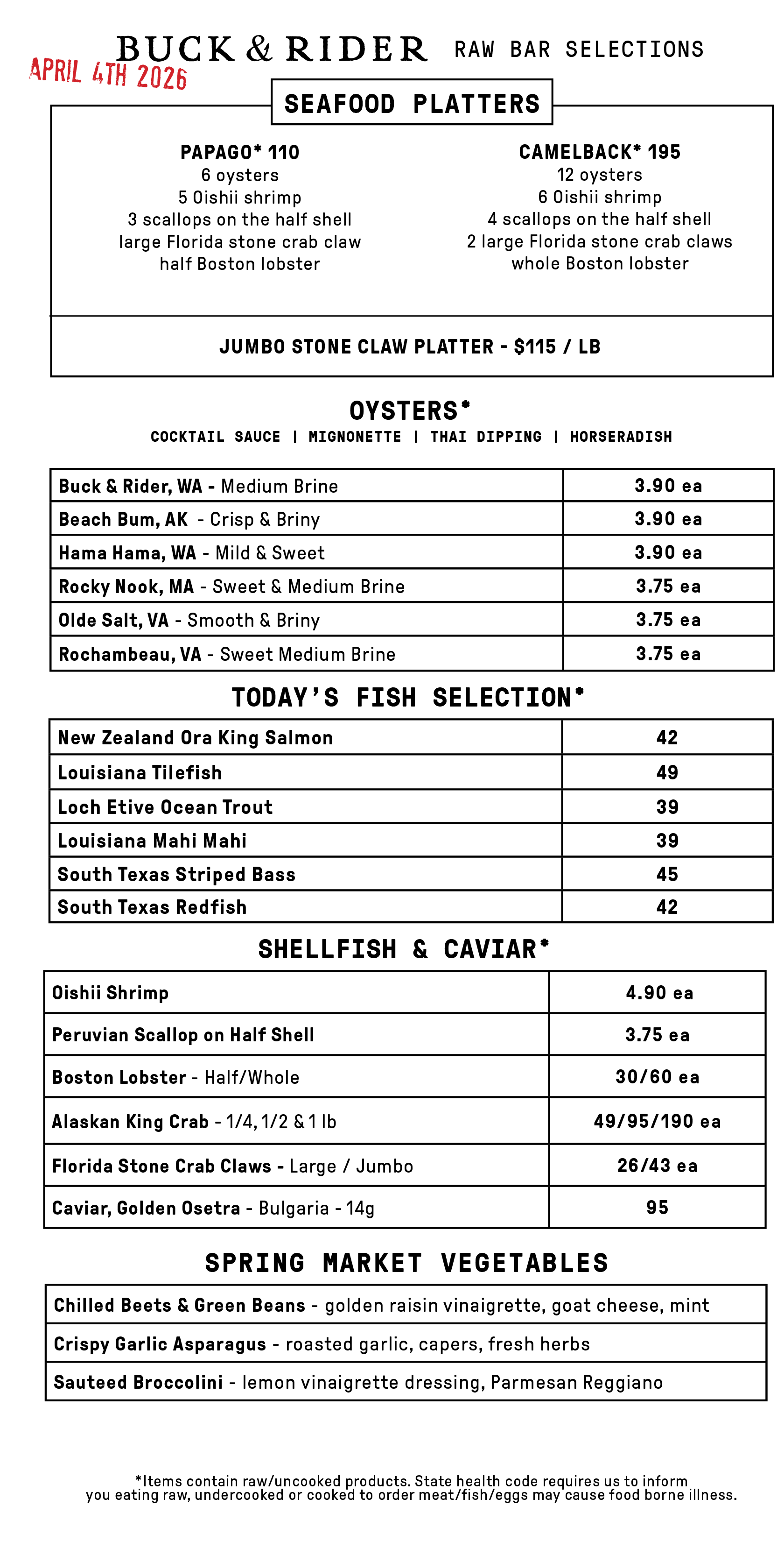 Raw Bar Menu