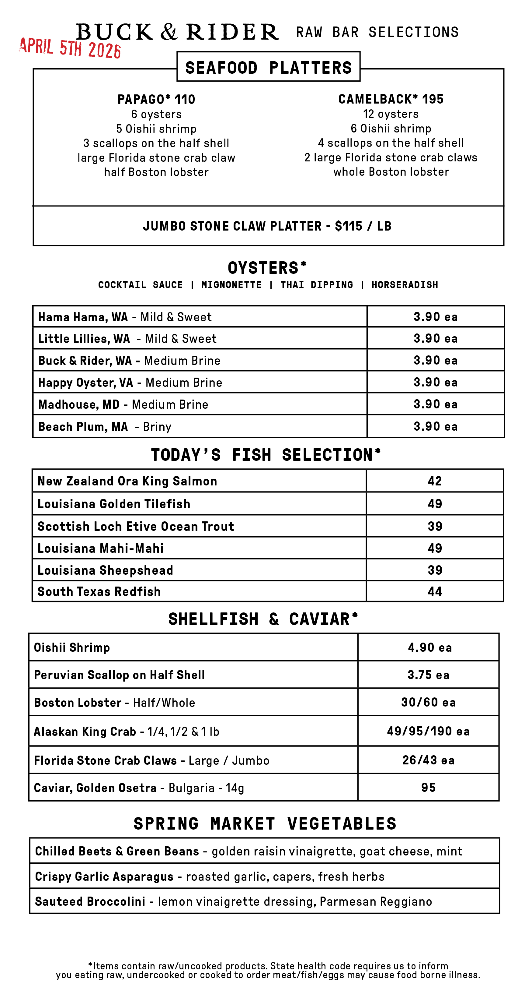 Raw Bar Menu