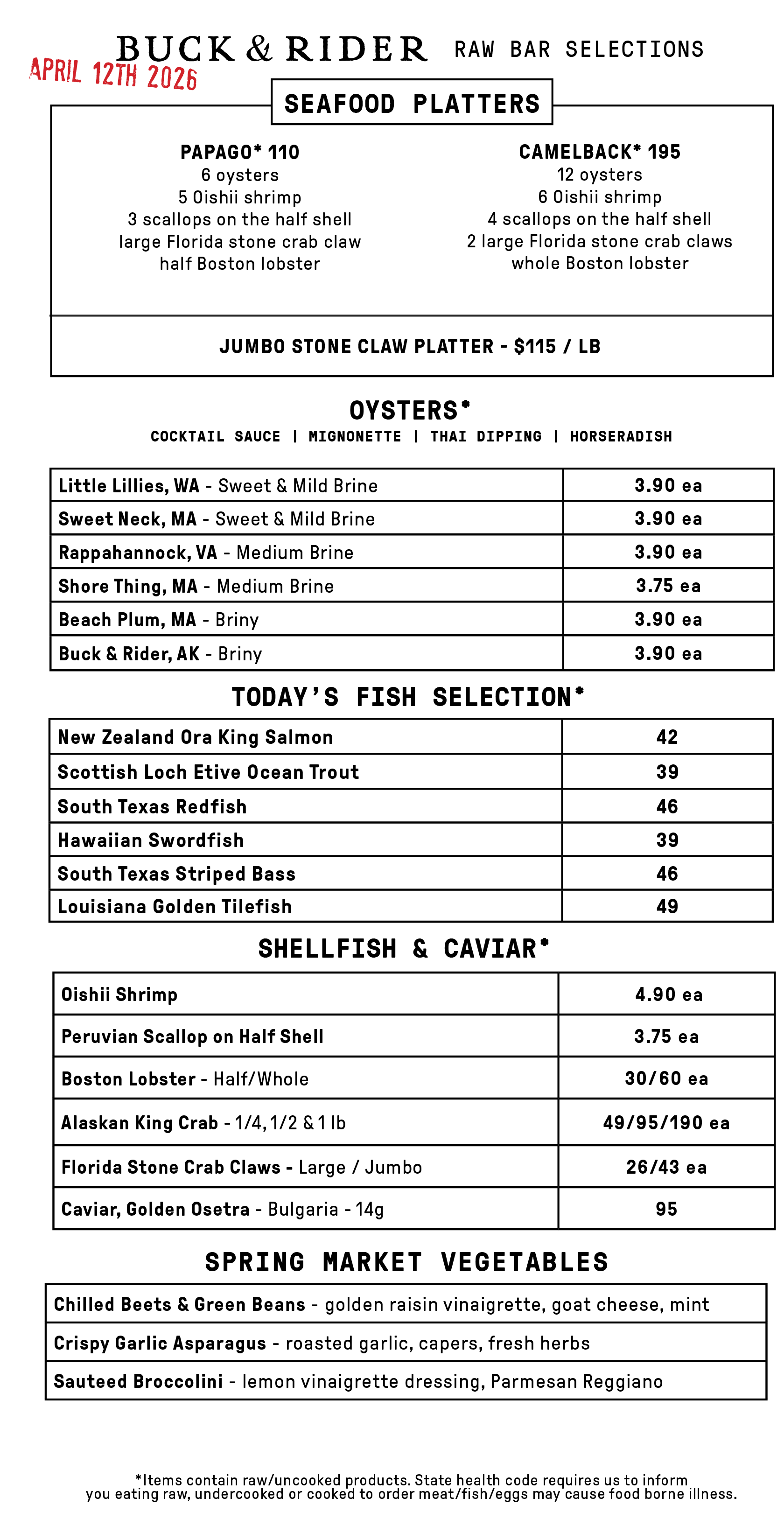 Raw Bar Menu