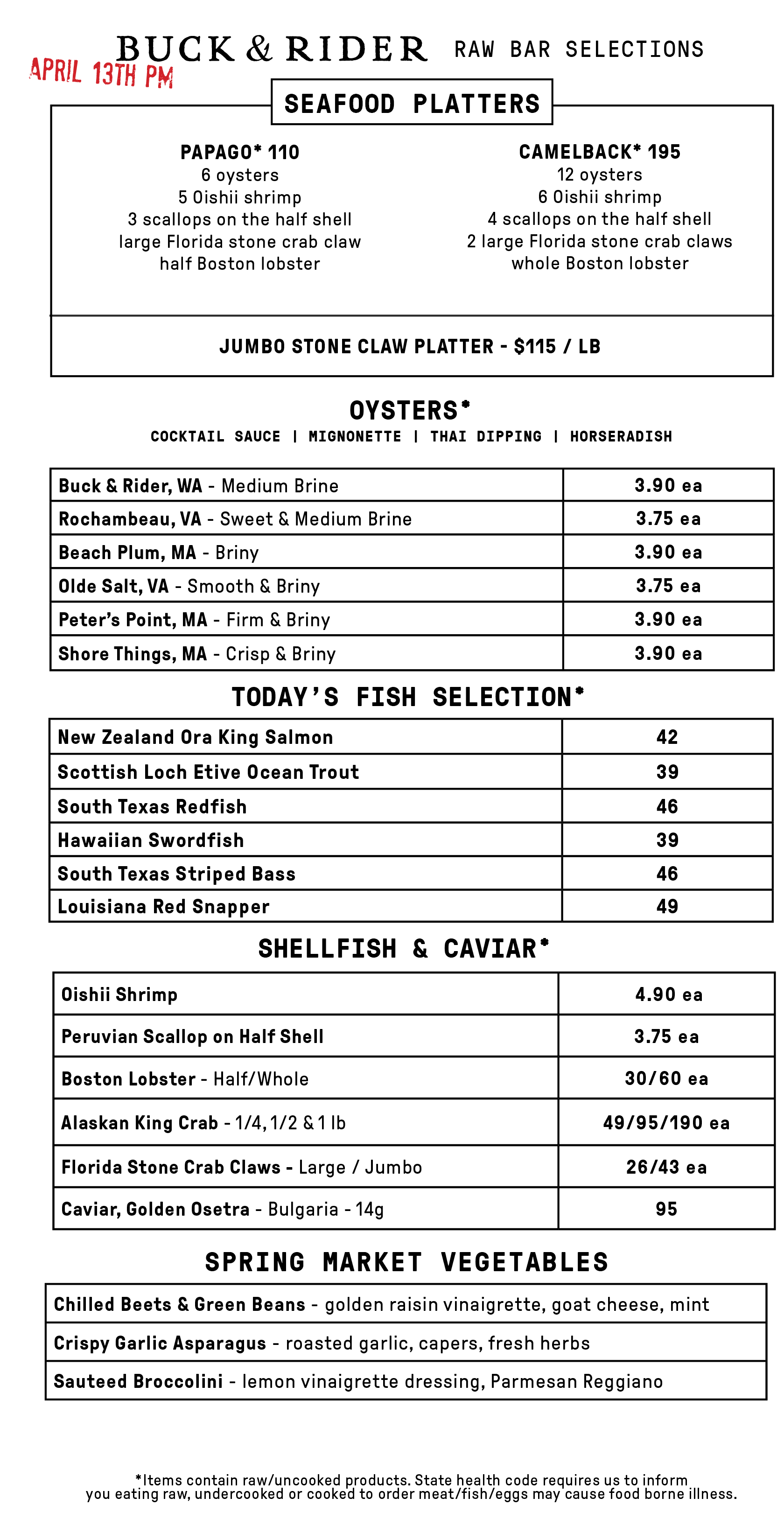 Raw Bar Menu