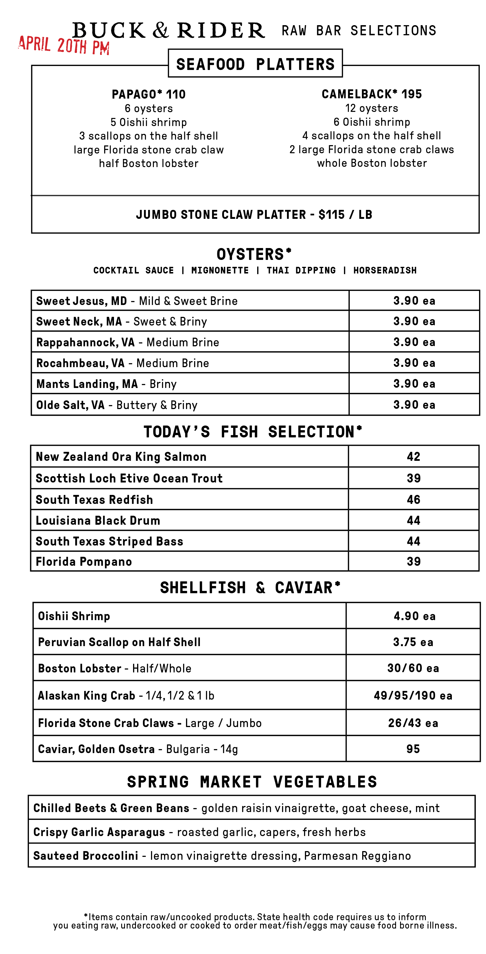 Raw Bar Menu
