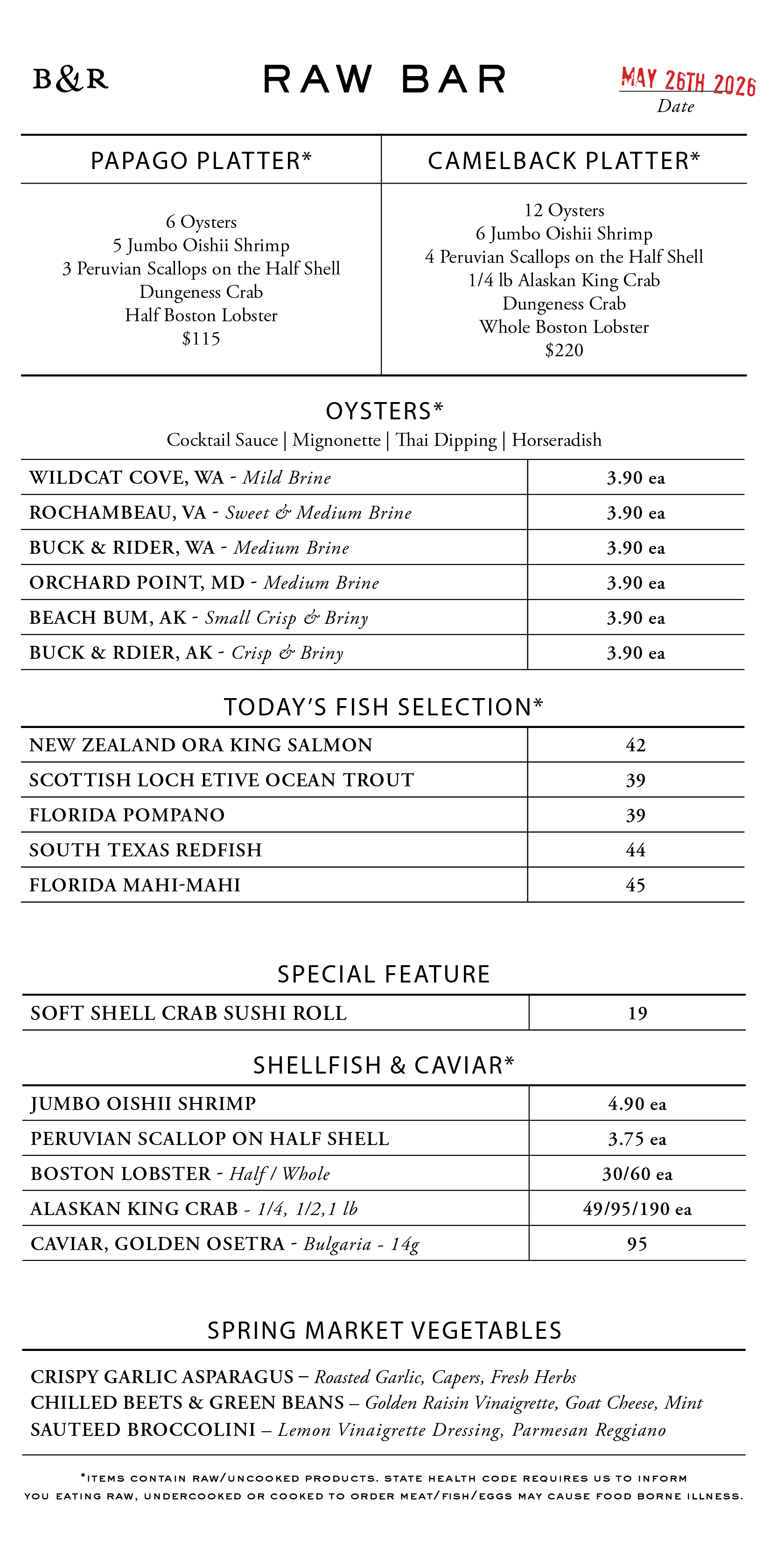 Raw Bar Menu
