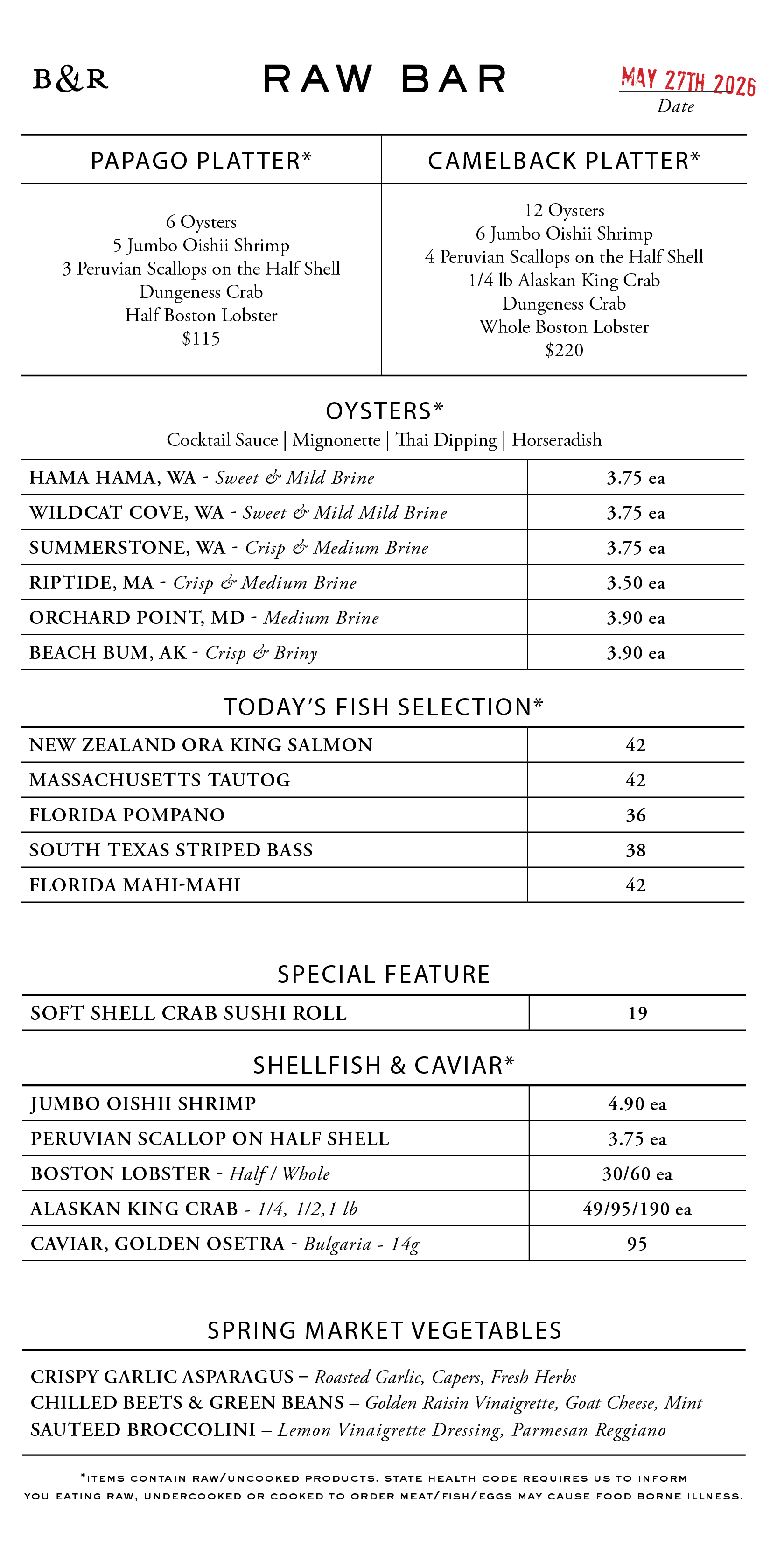 Raw Bar Menu