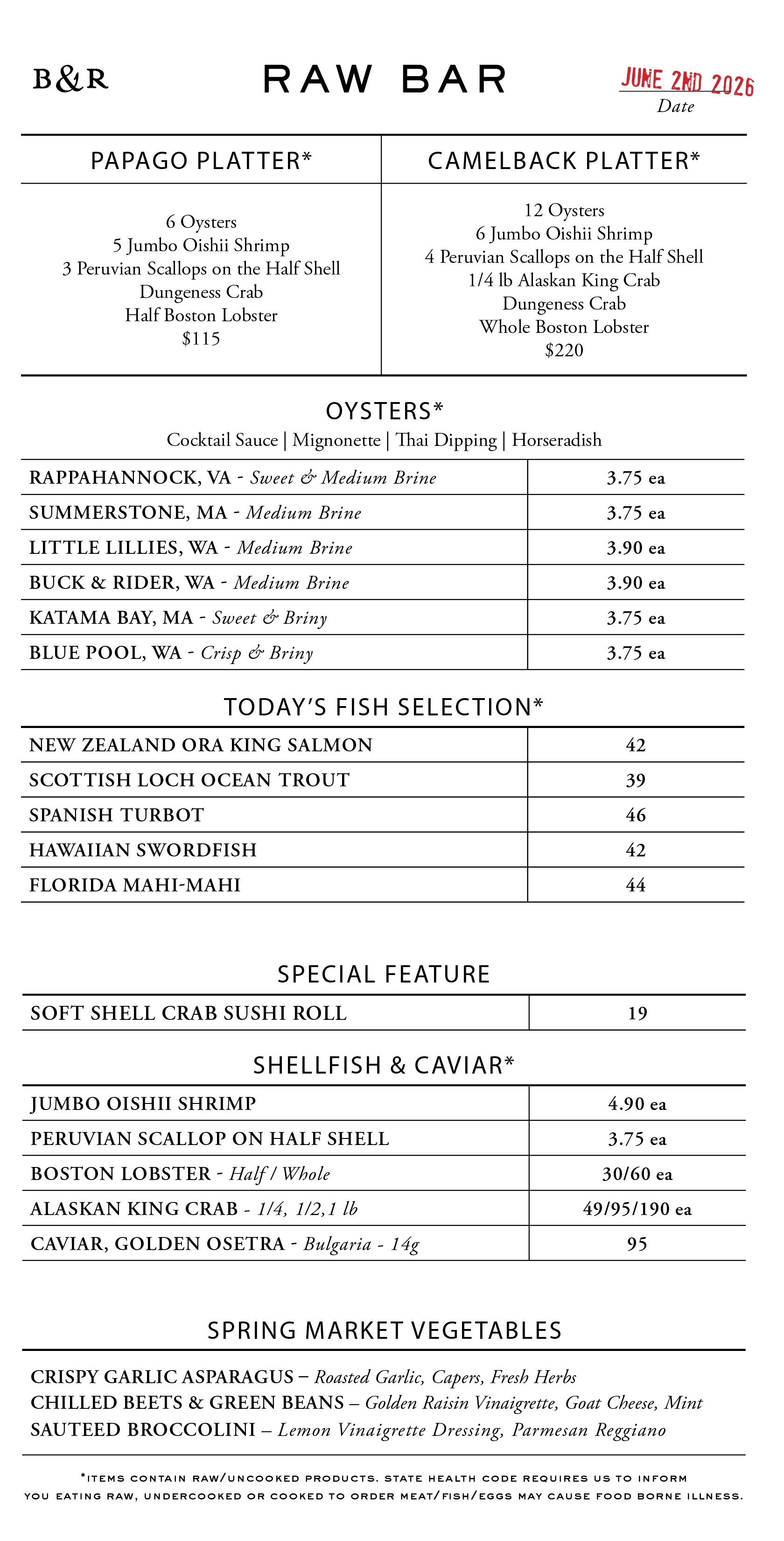 Raw Bar Menu