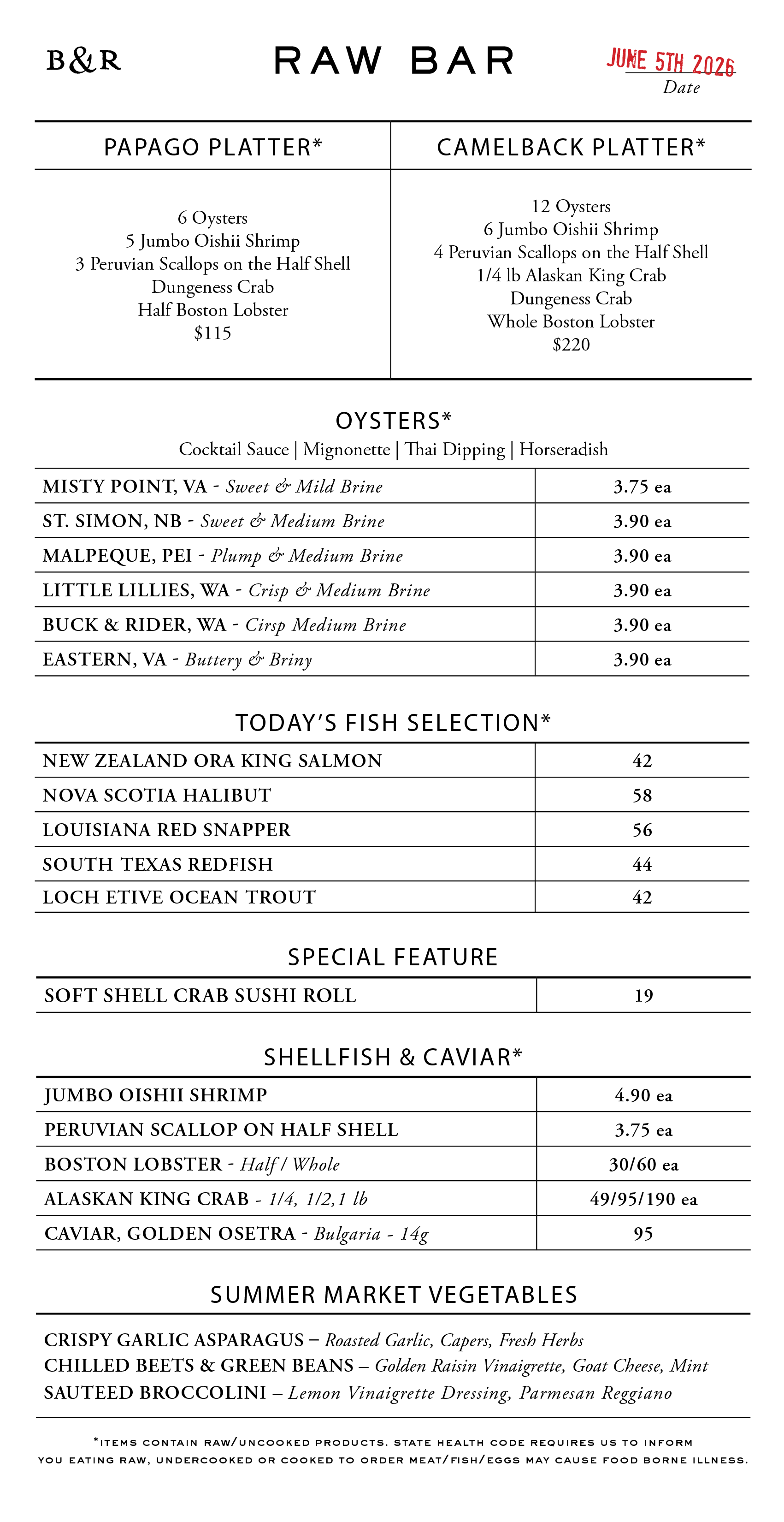 Raw Bar Menu