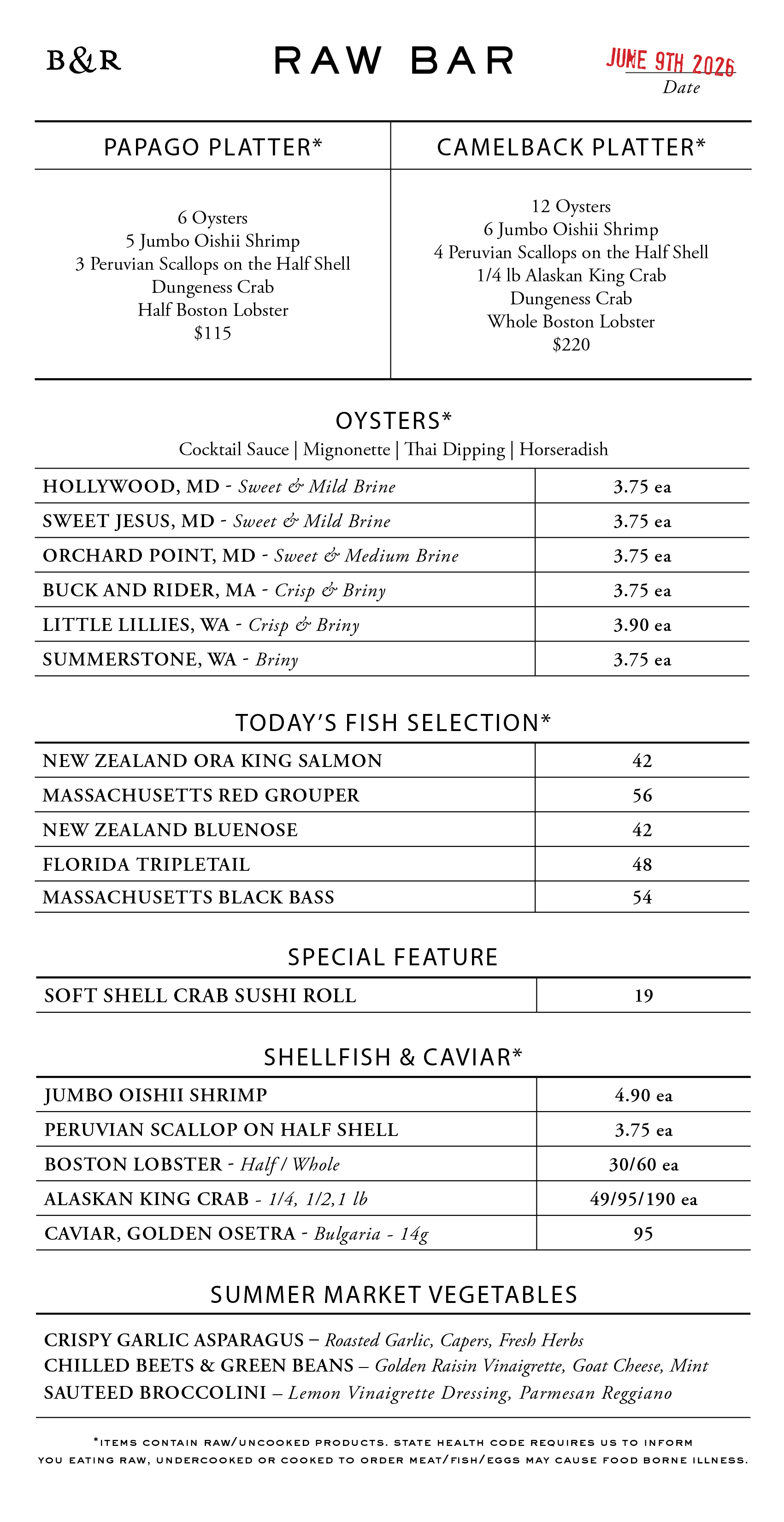 Raw Bar Menu