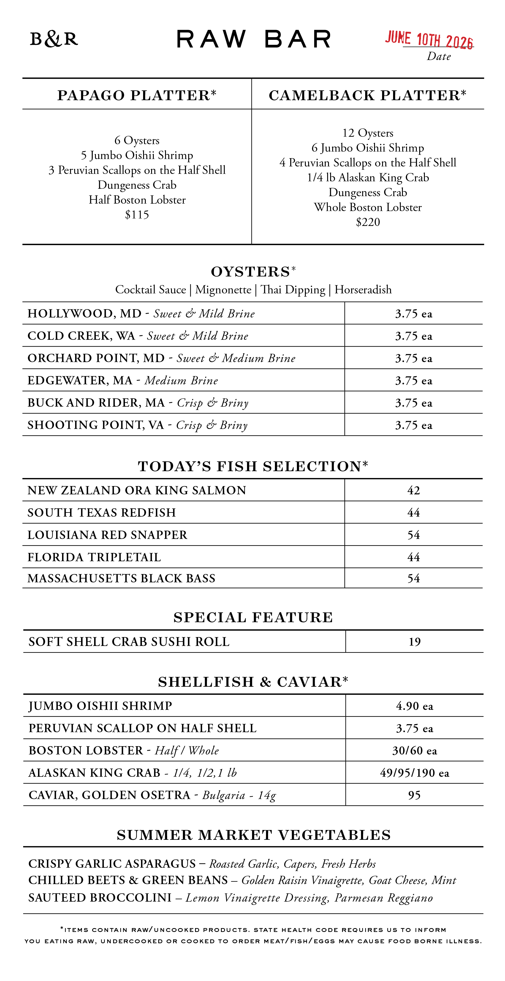 Raw Bar Menu