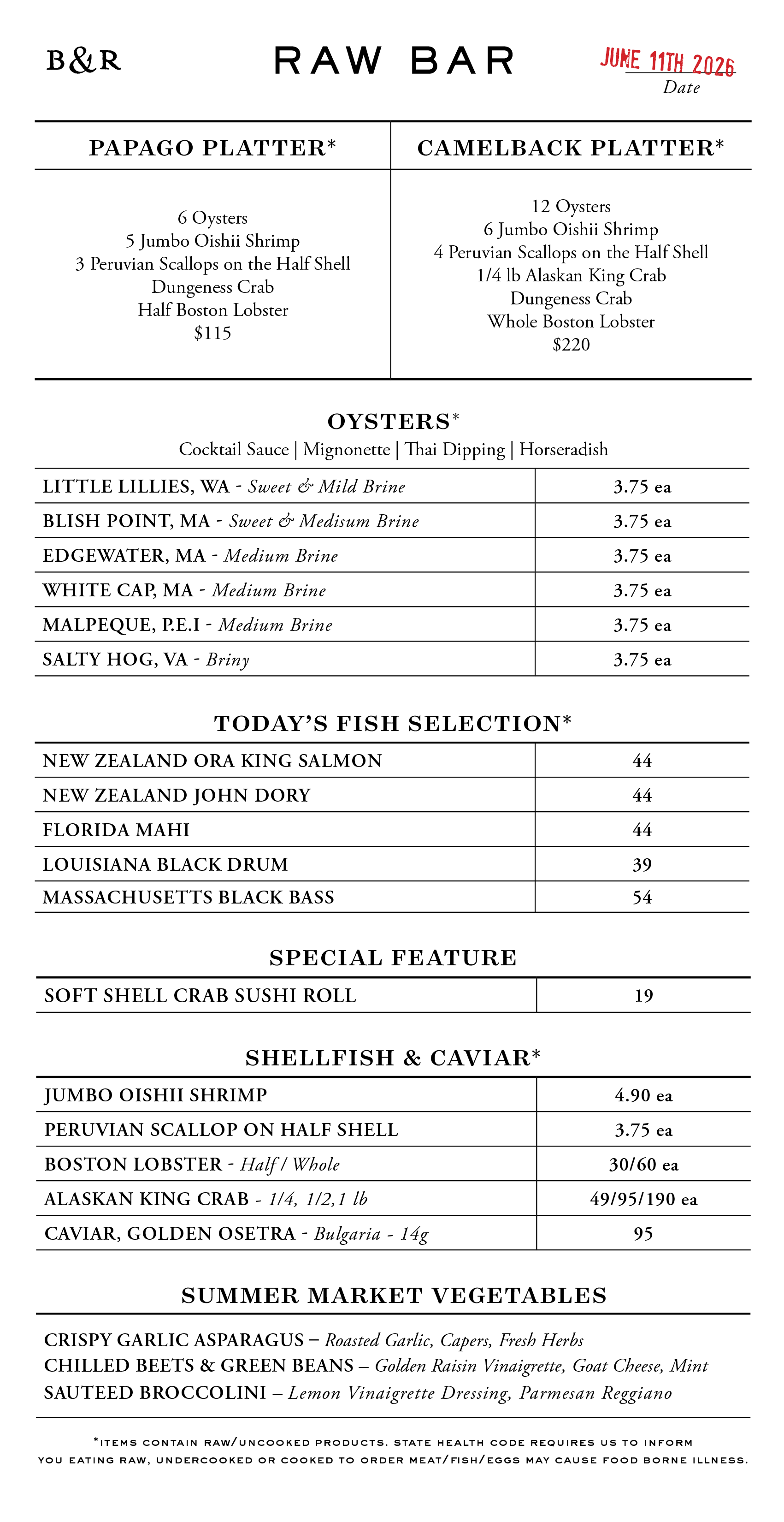 Raw Bar Menu