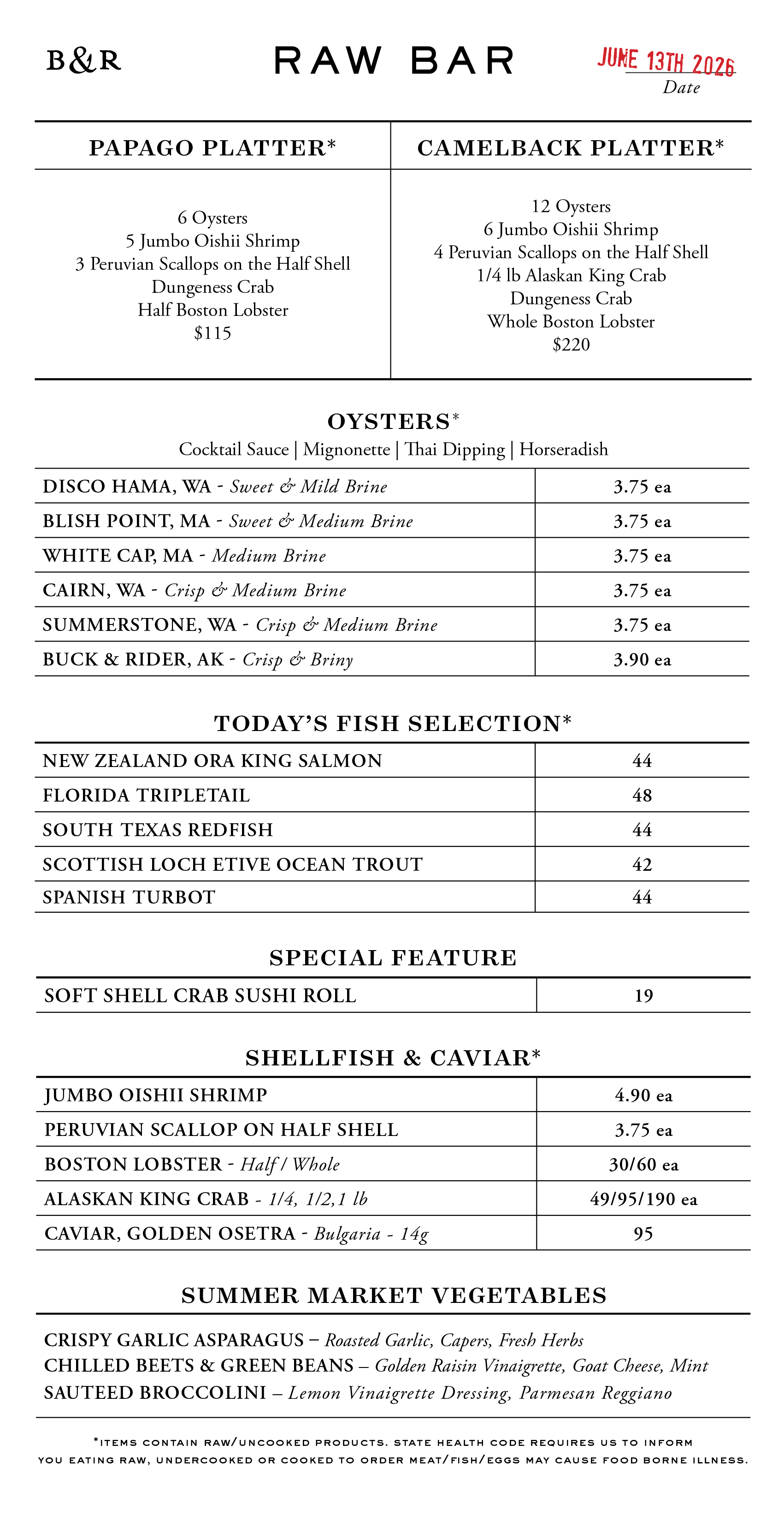 Raw Bar Menu
