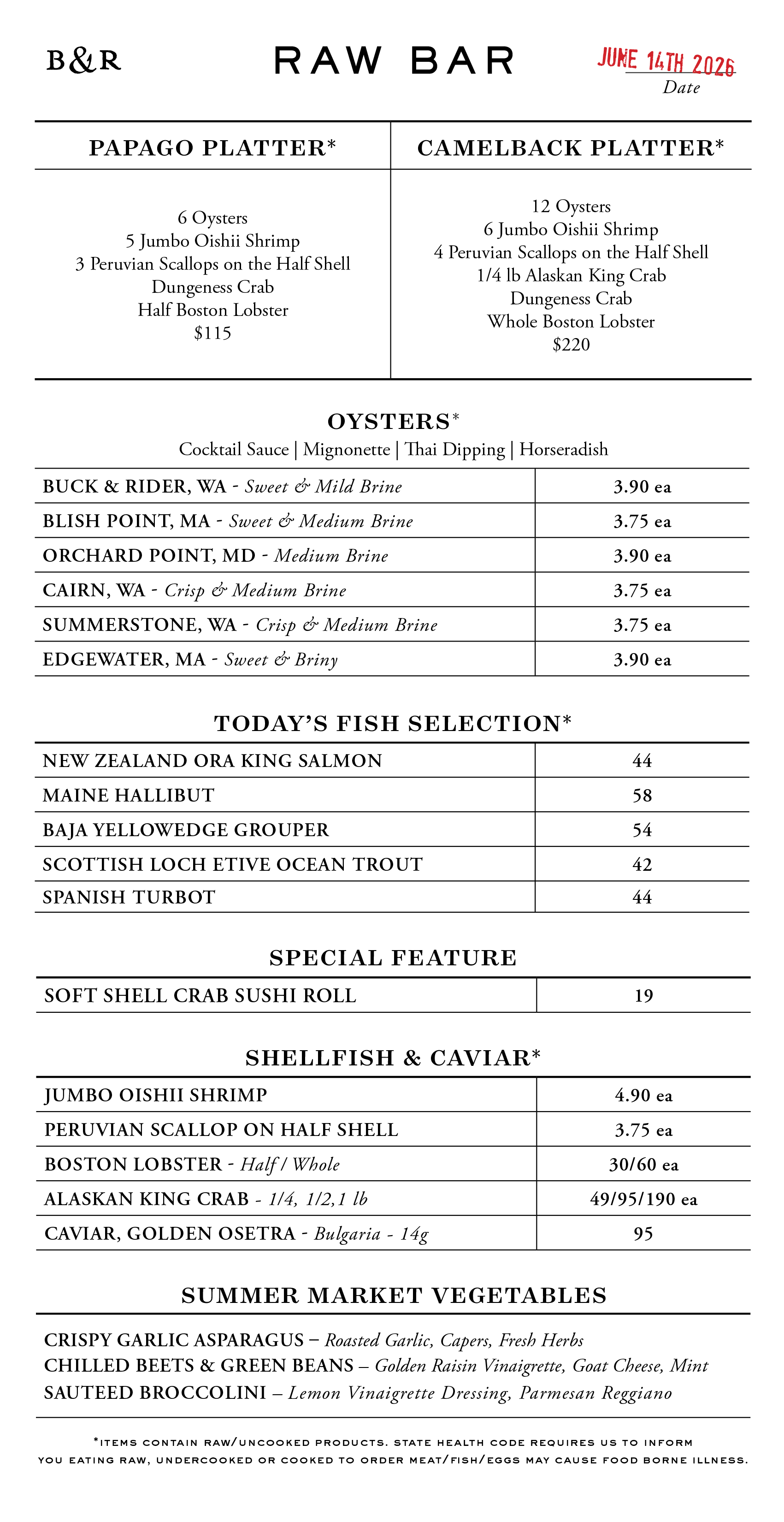 Raw Bar Menu