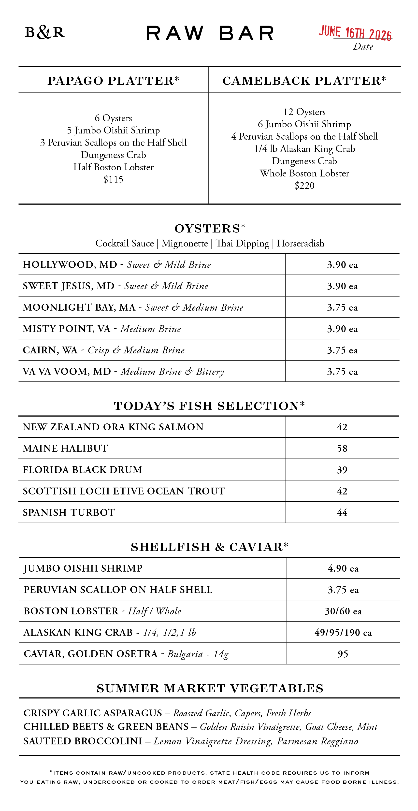 Raw Bar Menu