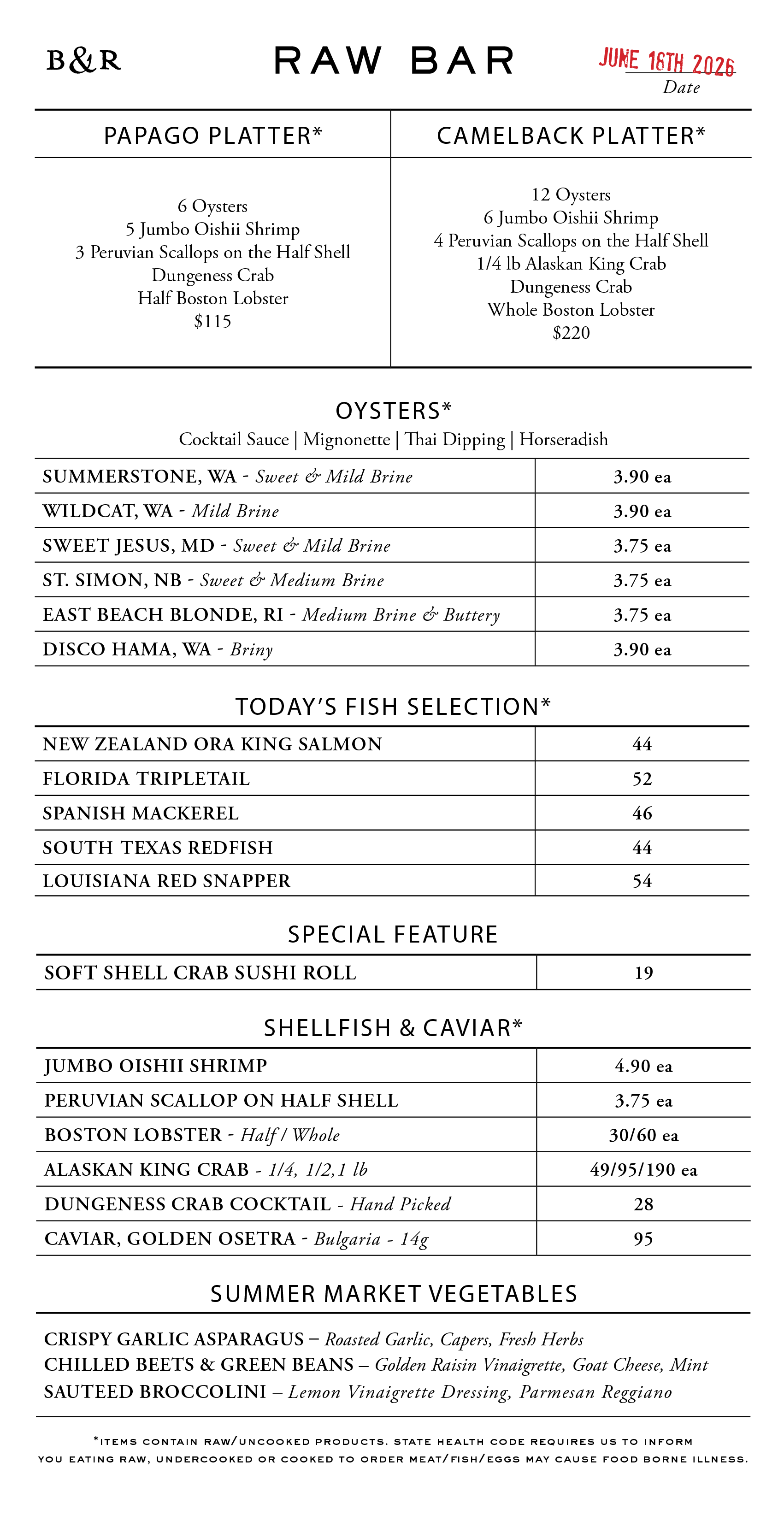 Raw Bar Menu