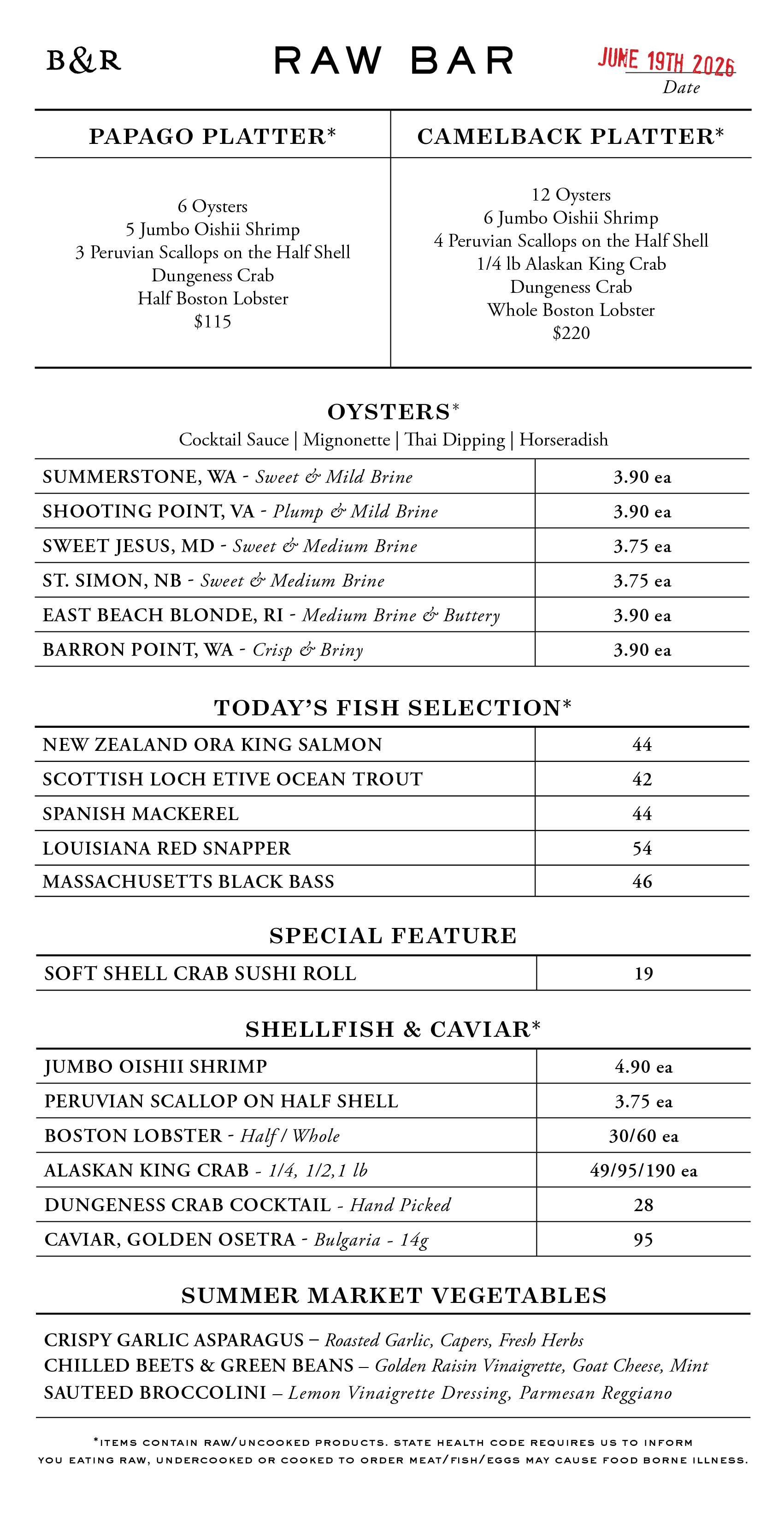 Raw Bar Menu