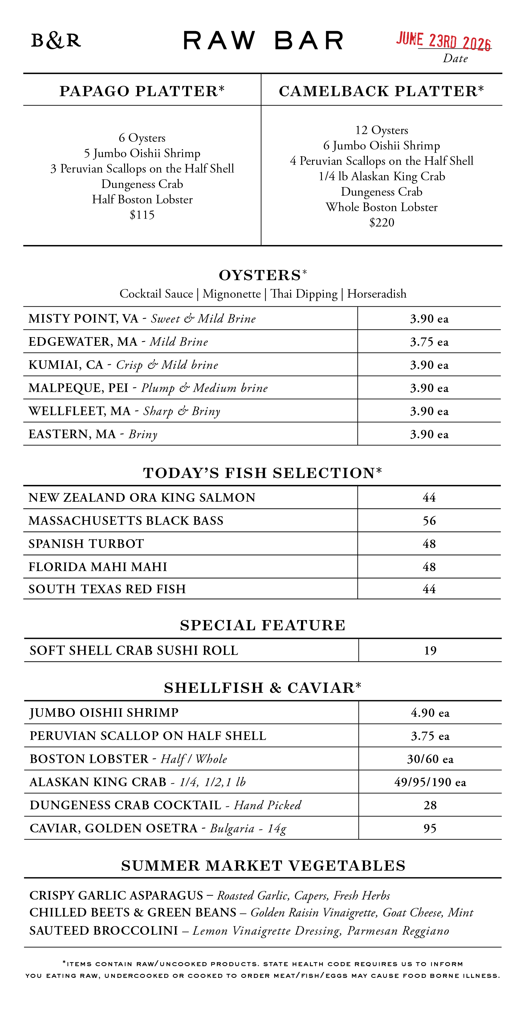 Raw Bar Menu