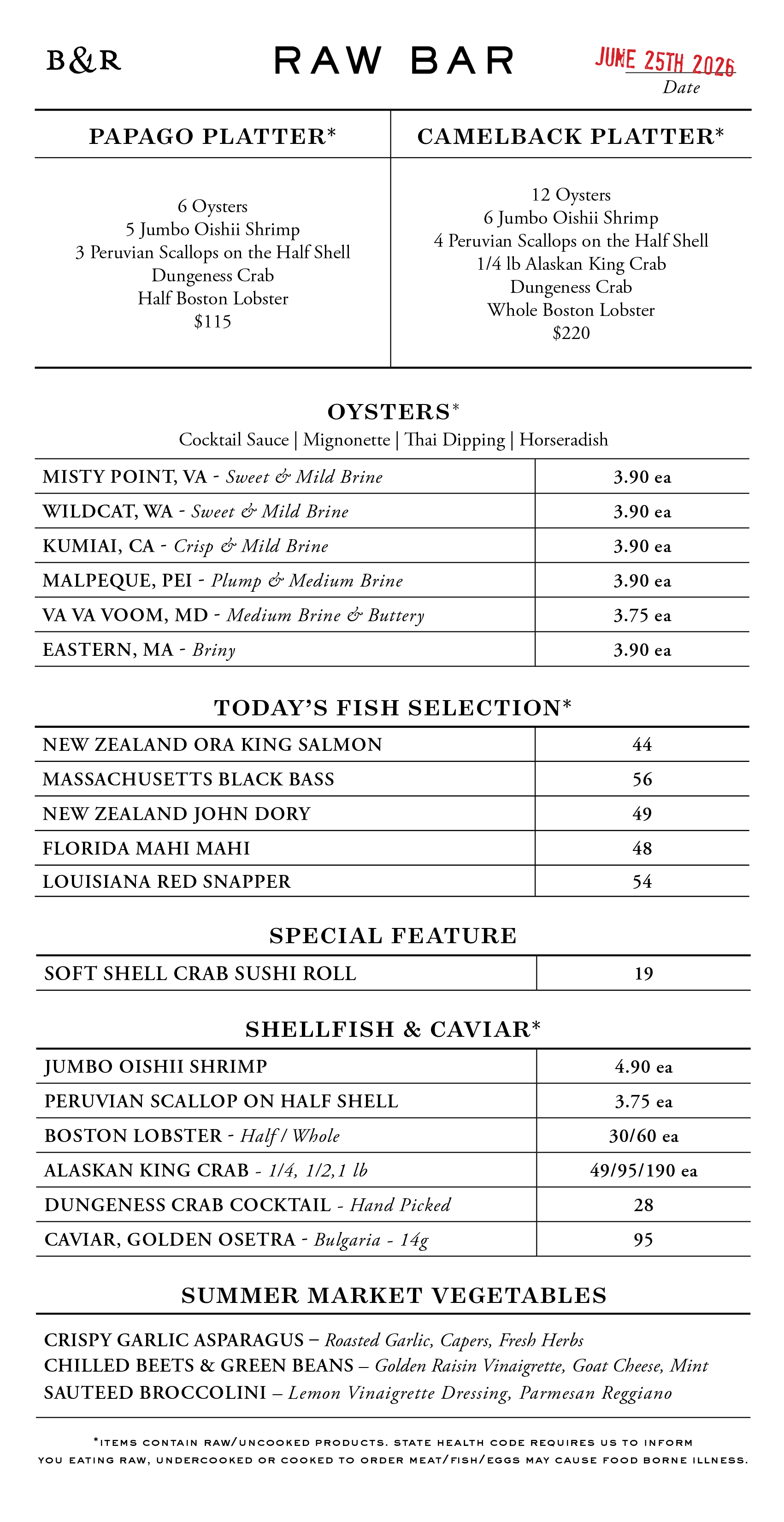 Raw Bar Menu