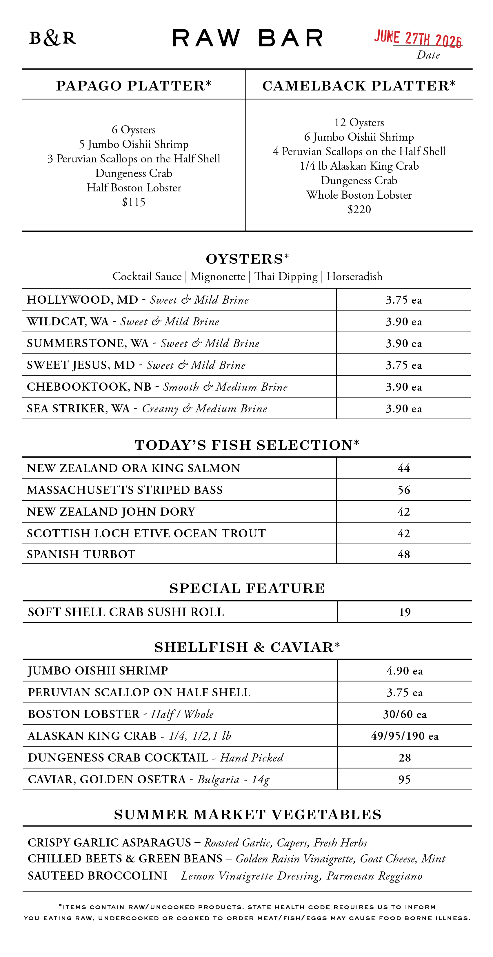 Raw Bar Menu