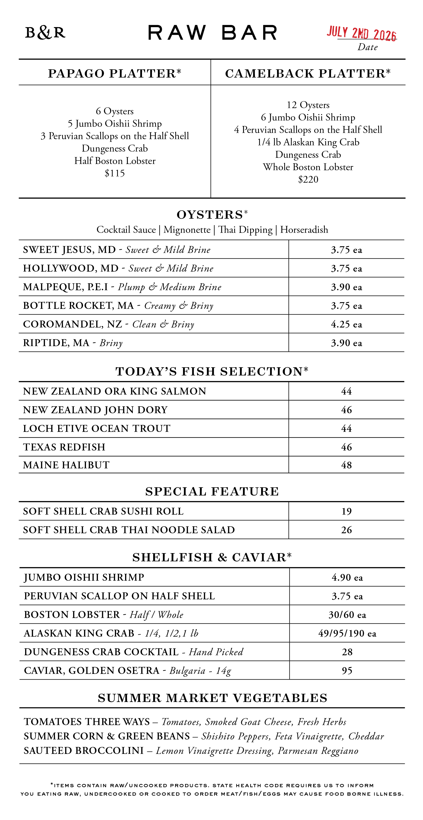 Raw Bar Menu