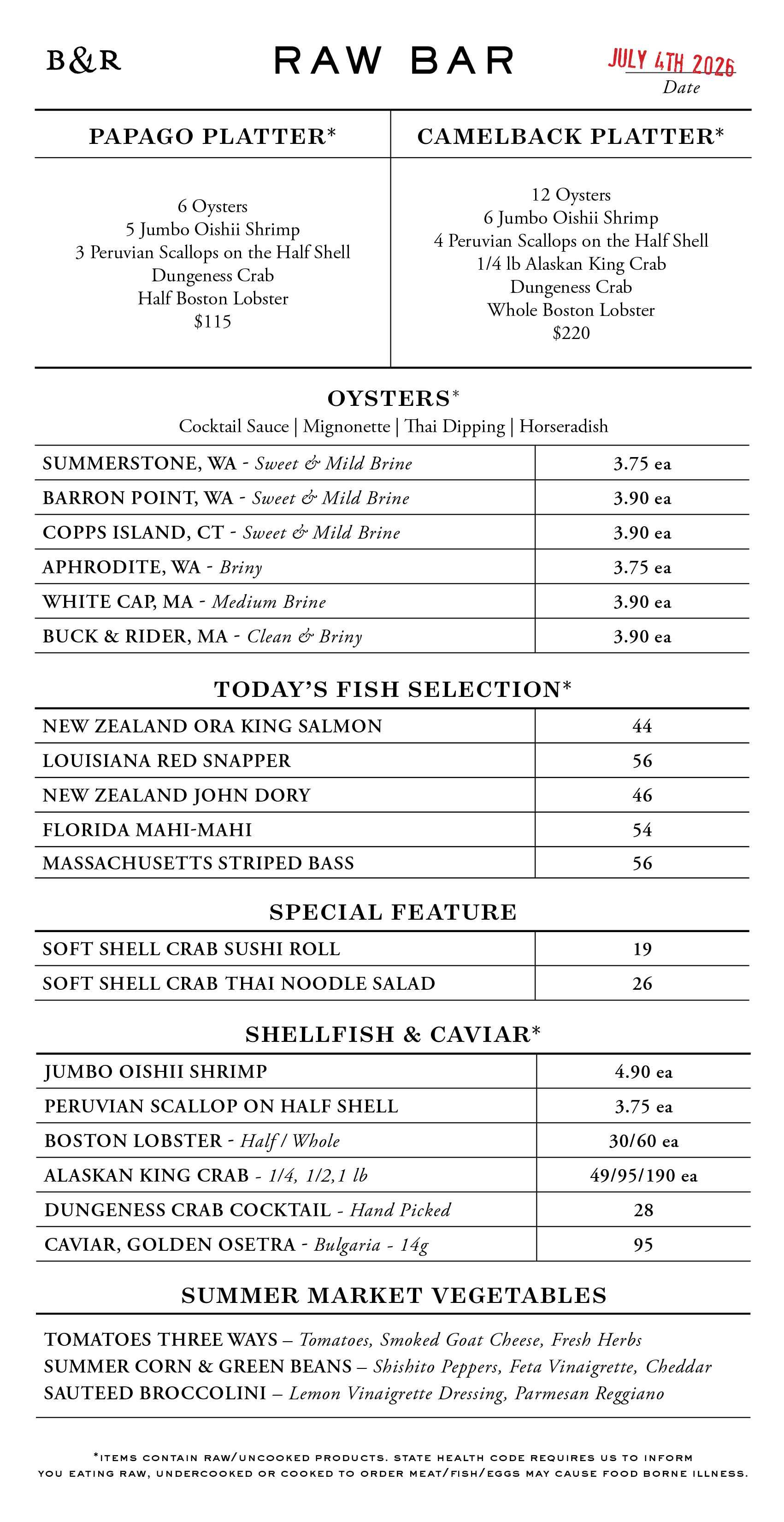 Raw Bar Menu