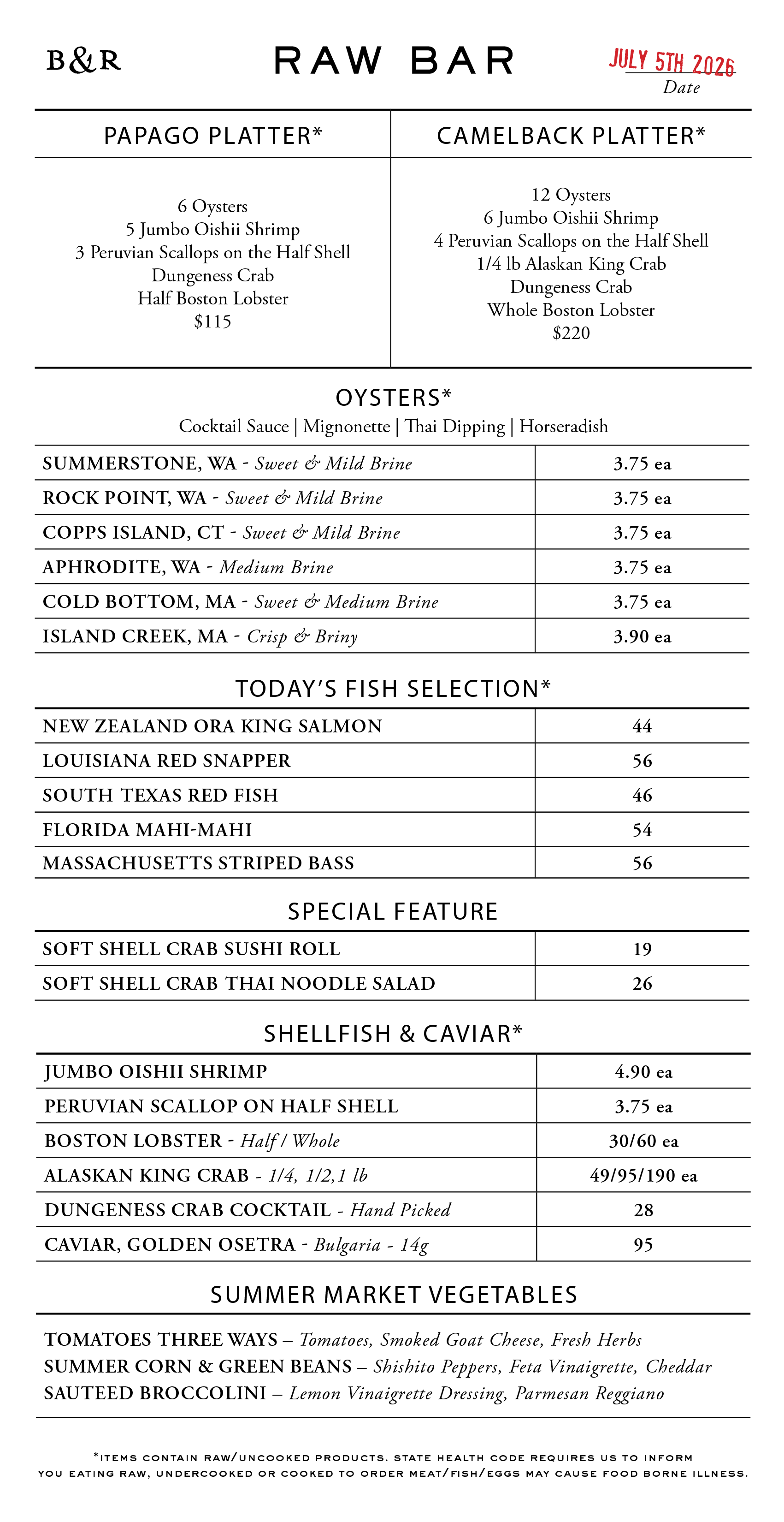 Raw Bar Menu