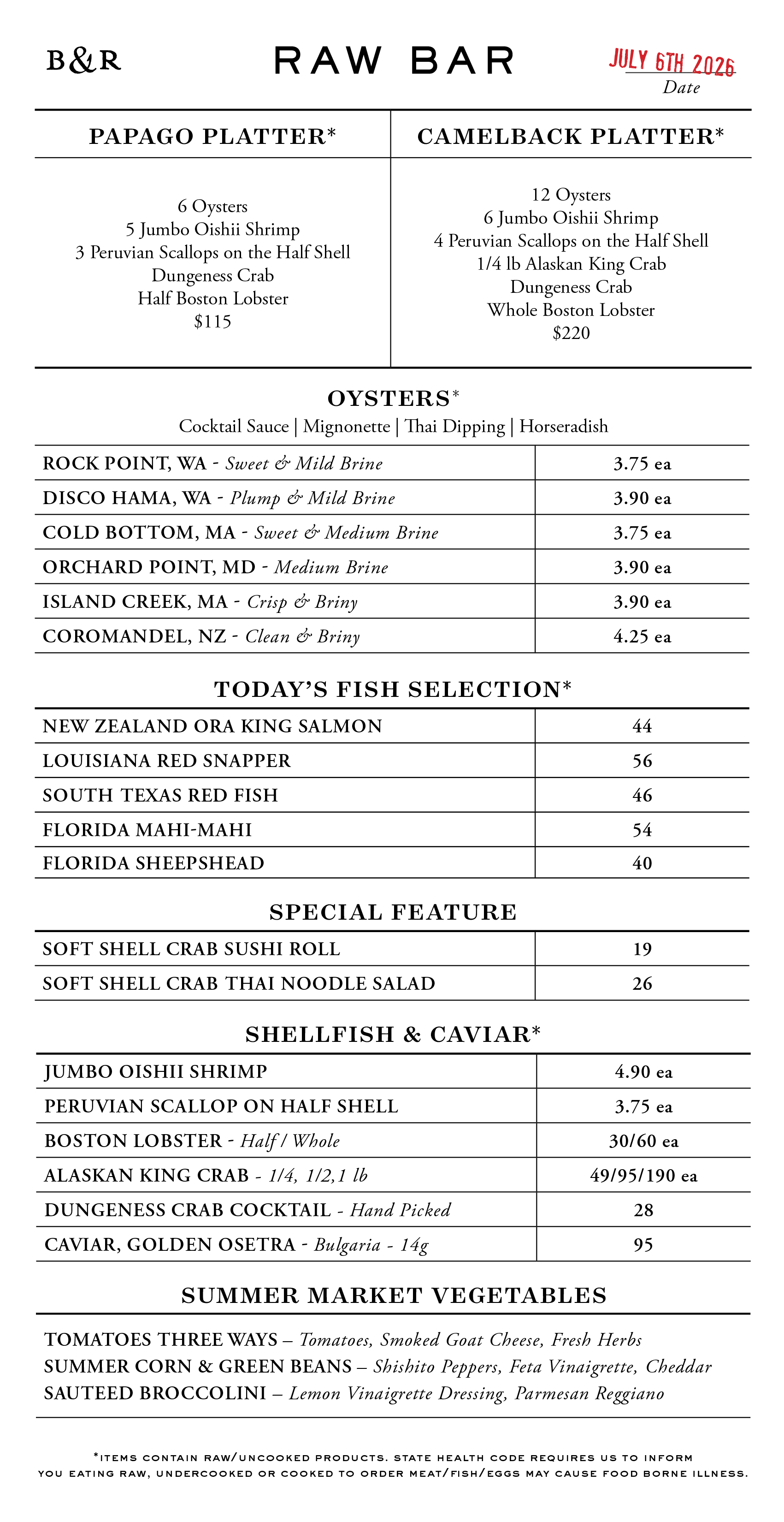 Raw Bar Menu