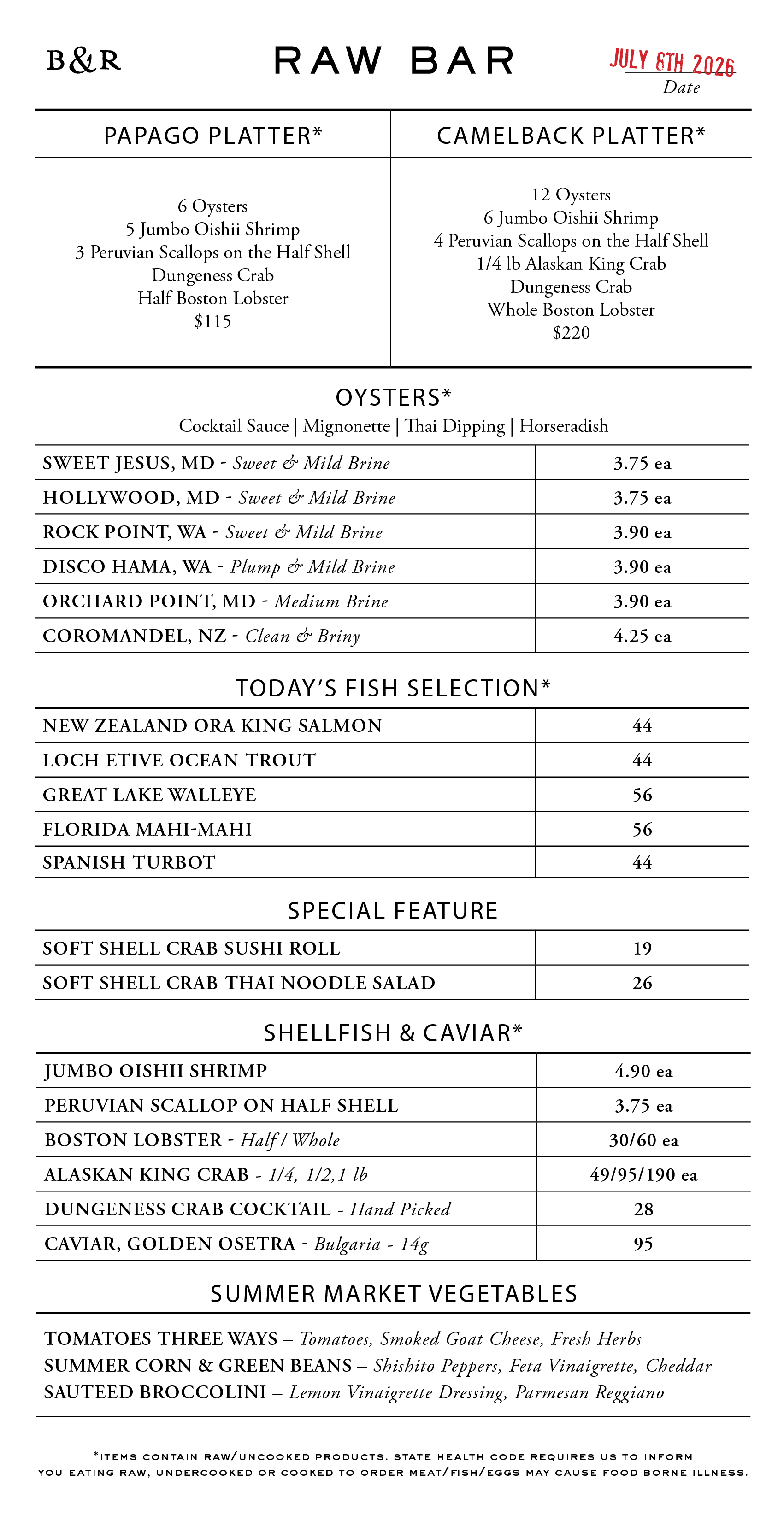 Raw Bar Menu