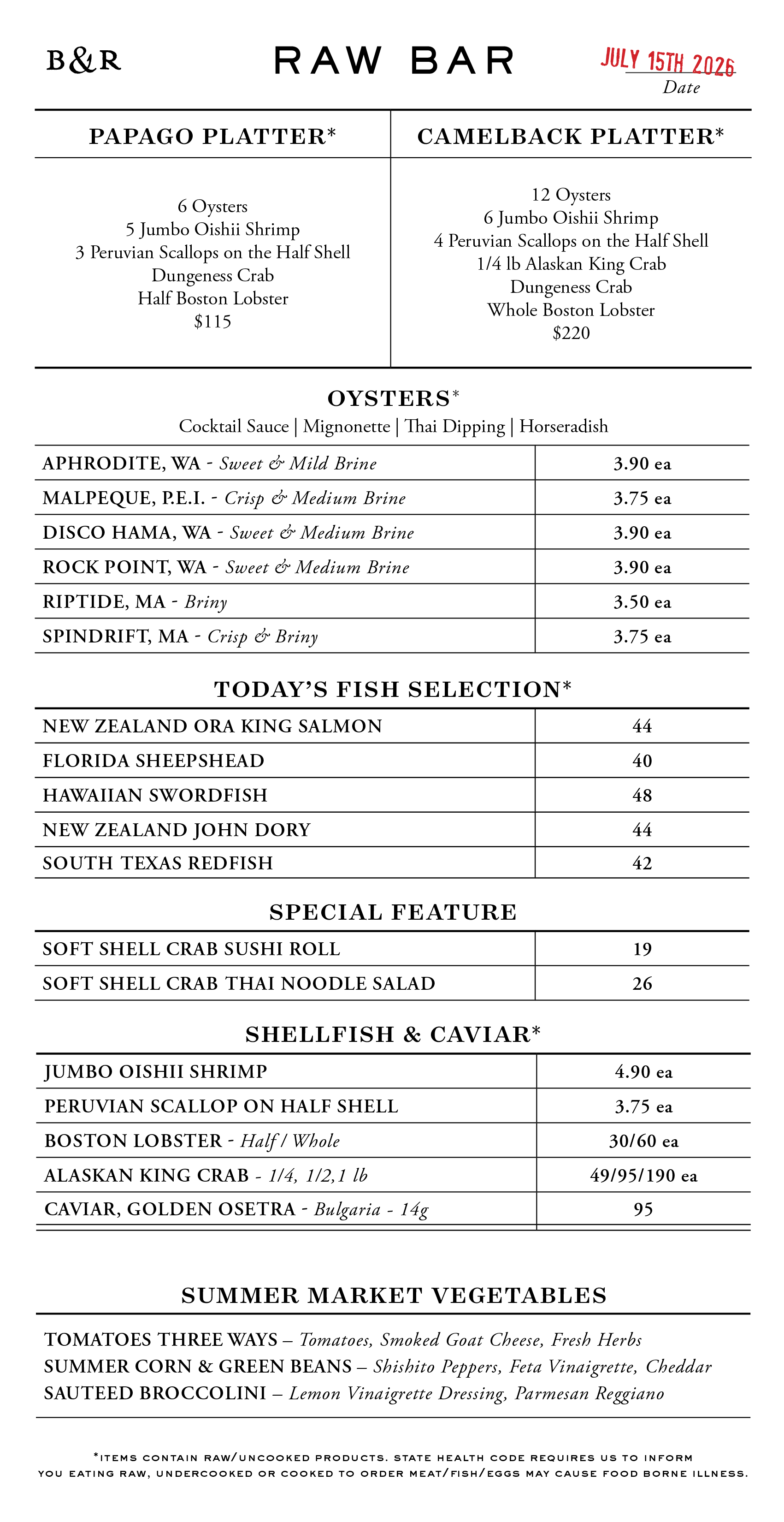 Raw Bar Menu