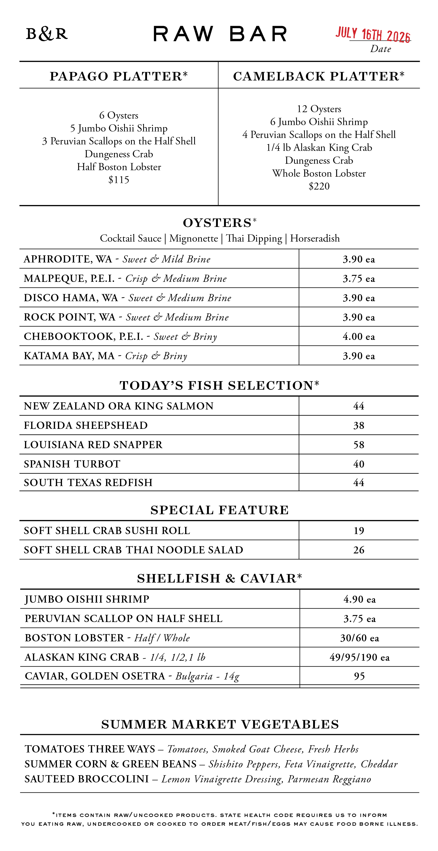 Raw Bar Menu