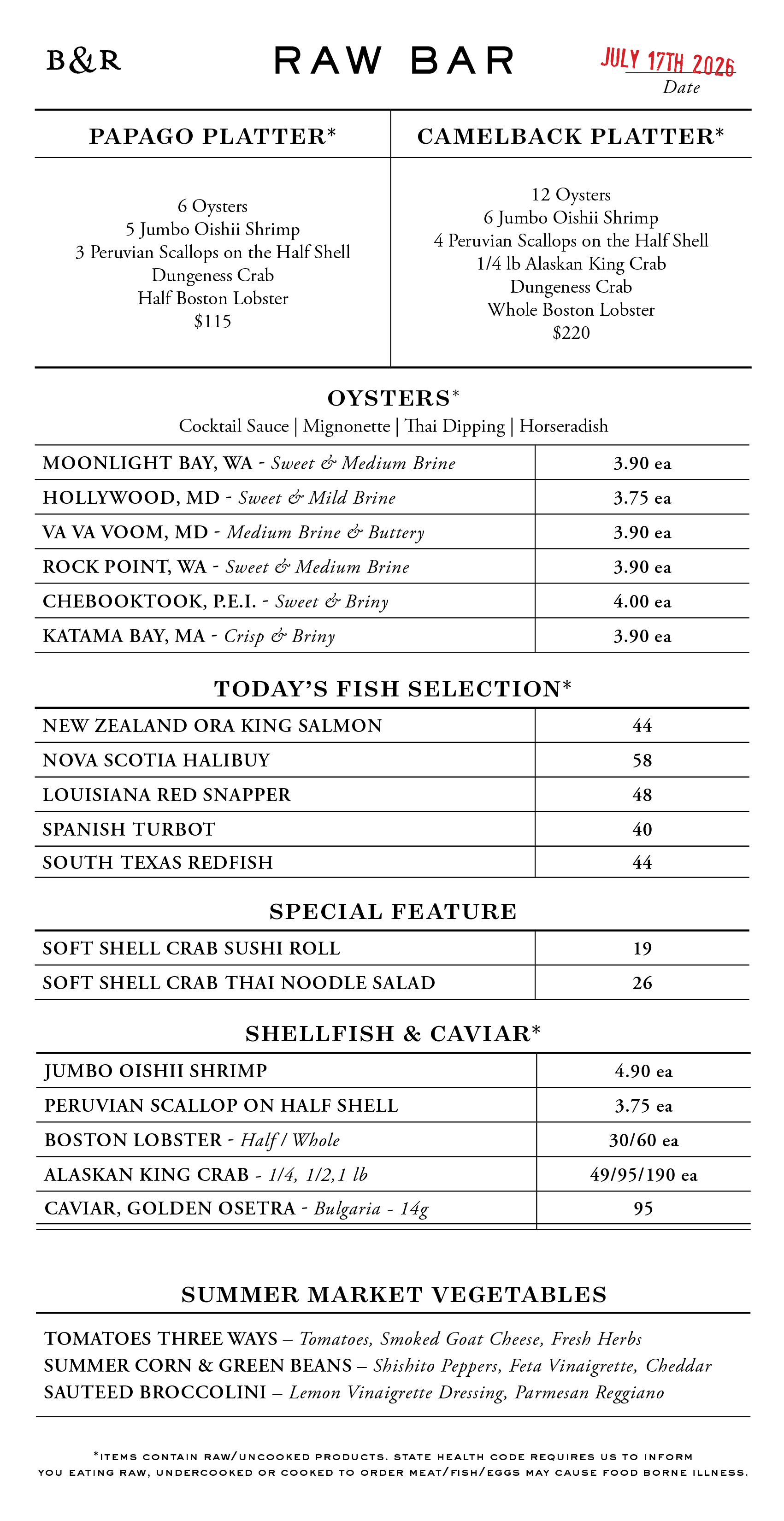 Raw Bar Menu