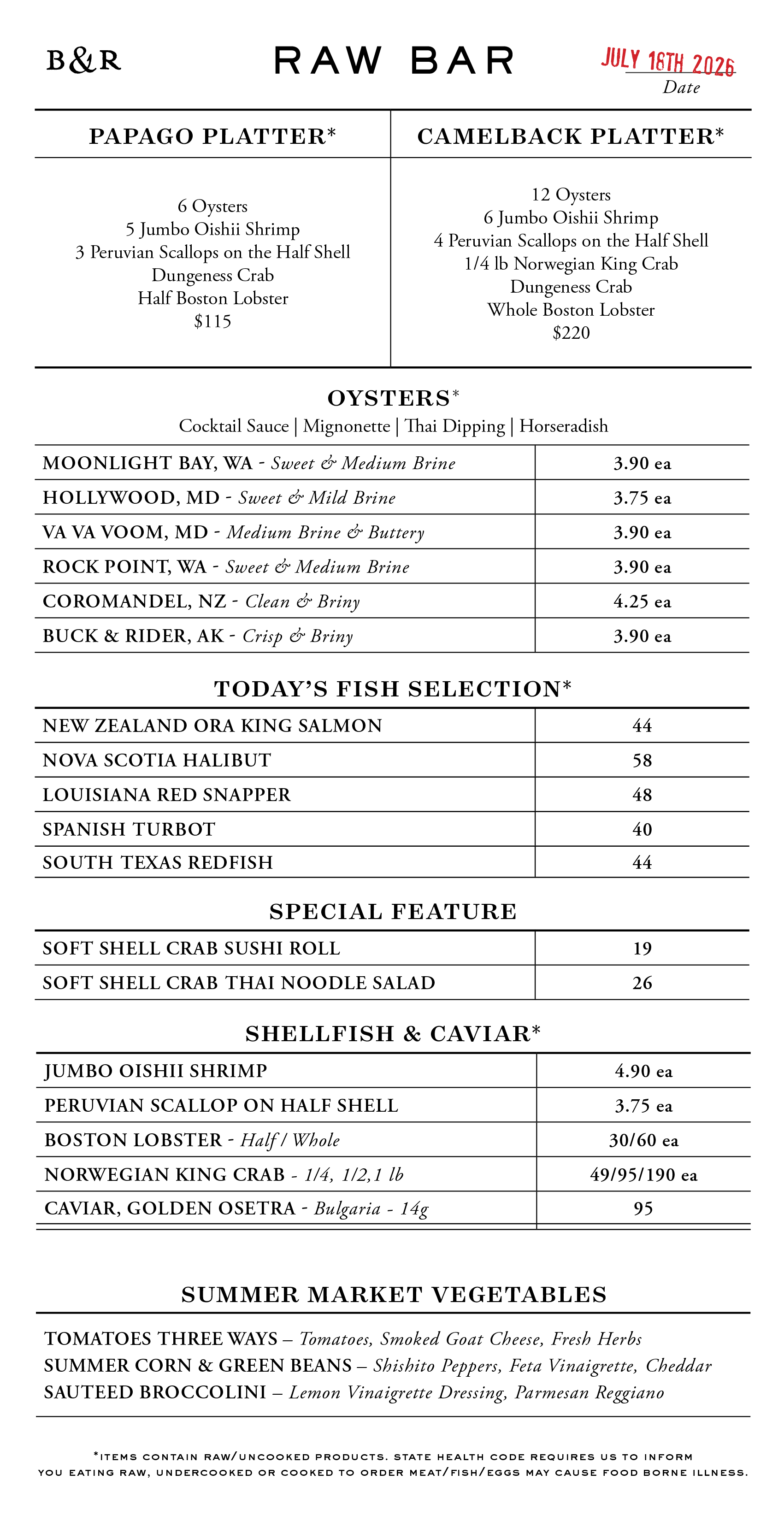 Raw Bar Menu