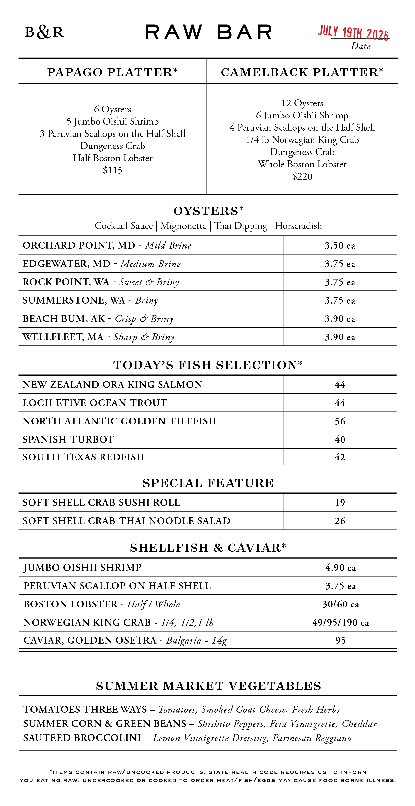 Raw Bar Menu