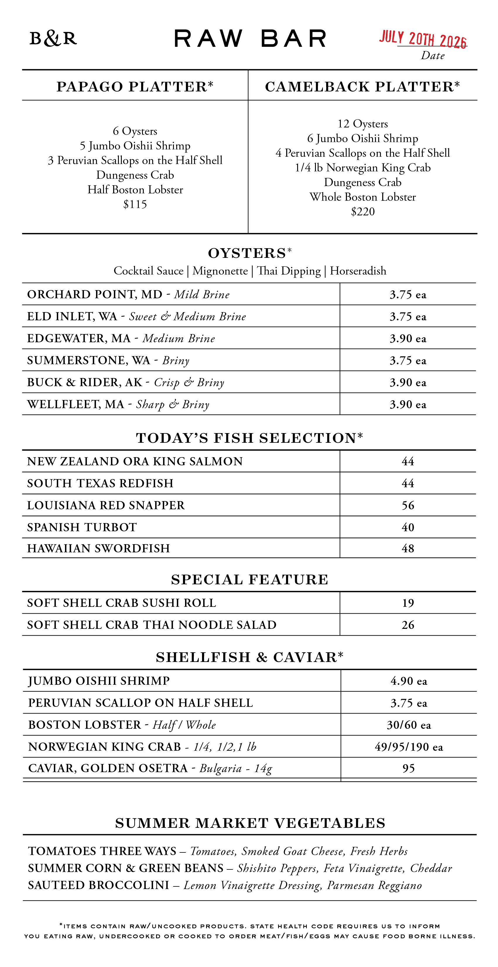 Raw Bar Menu