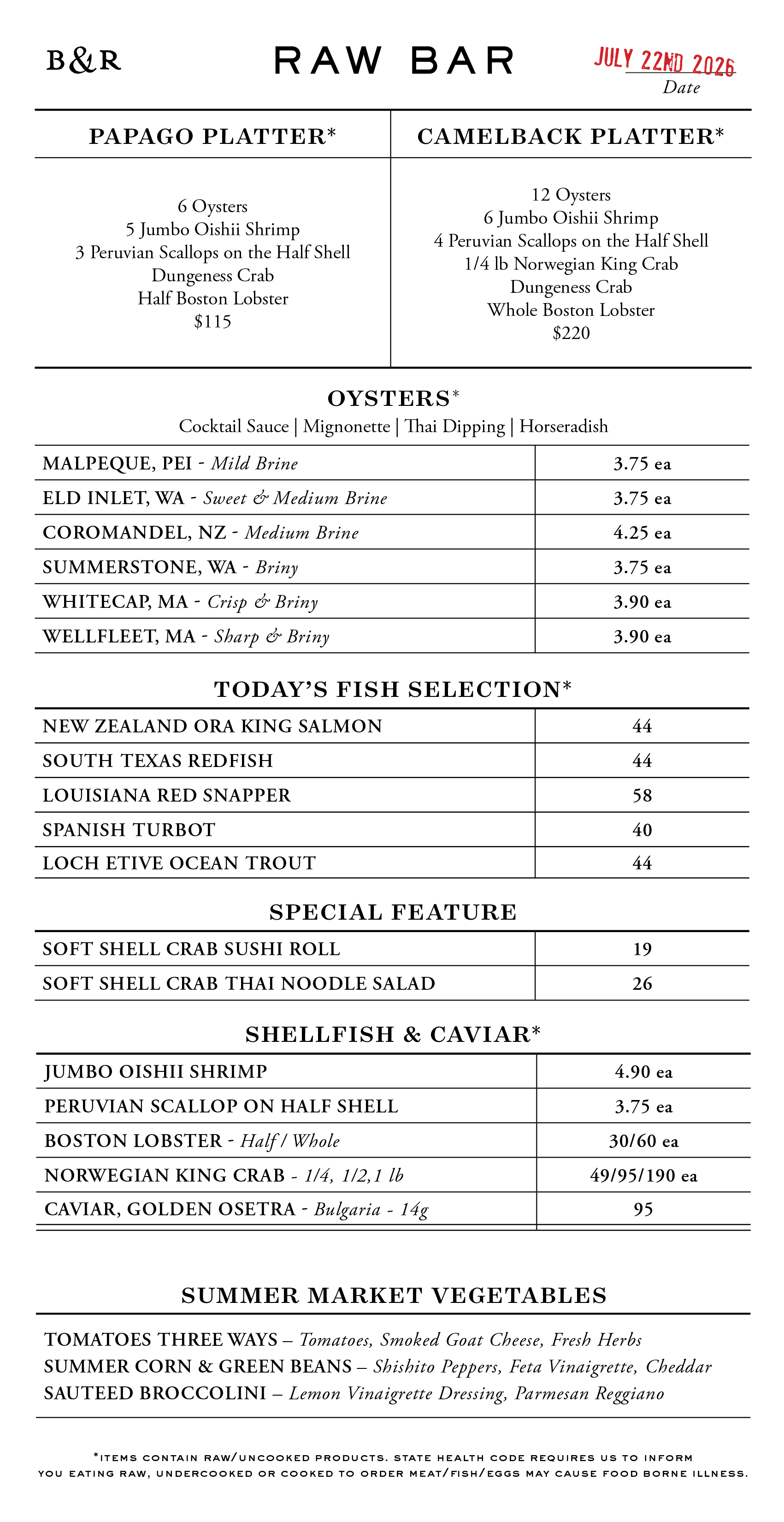 Raw Bar Menu