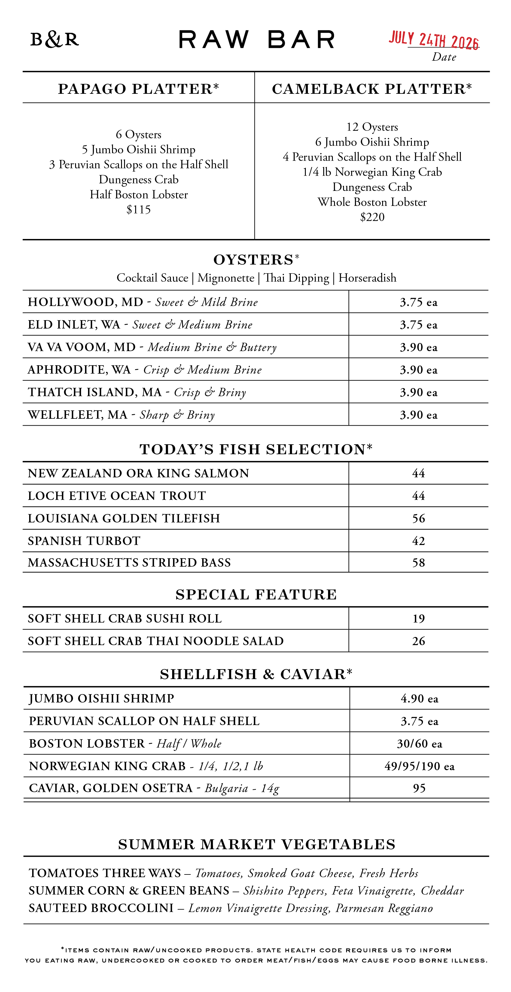 Raw Bar Menu