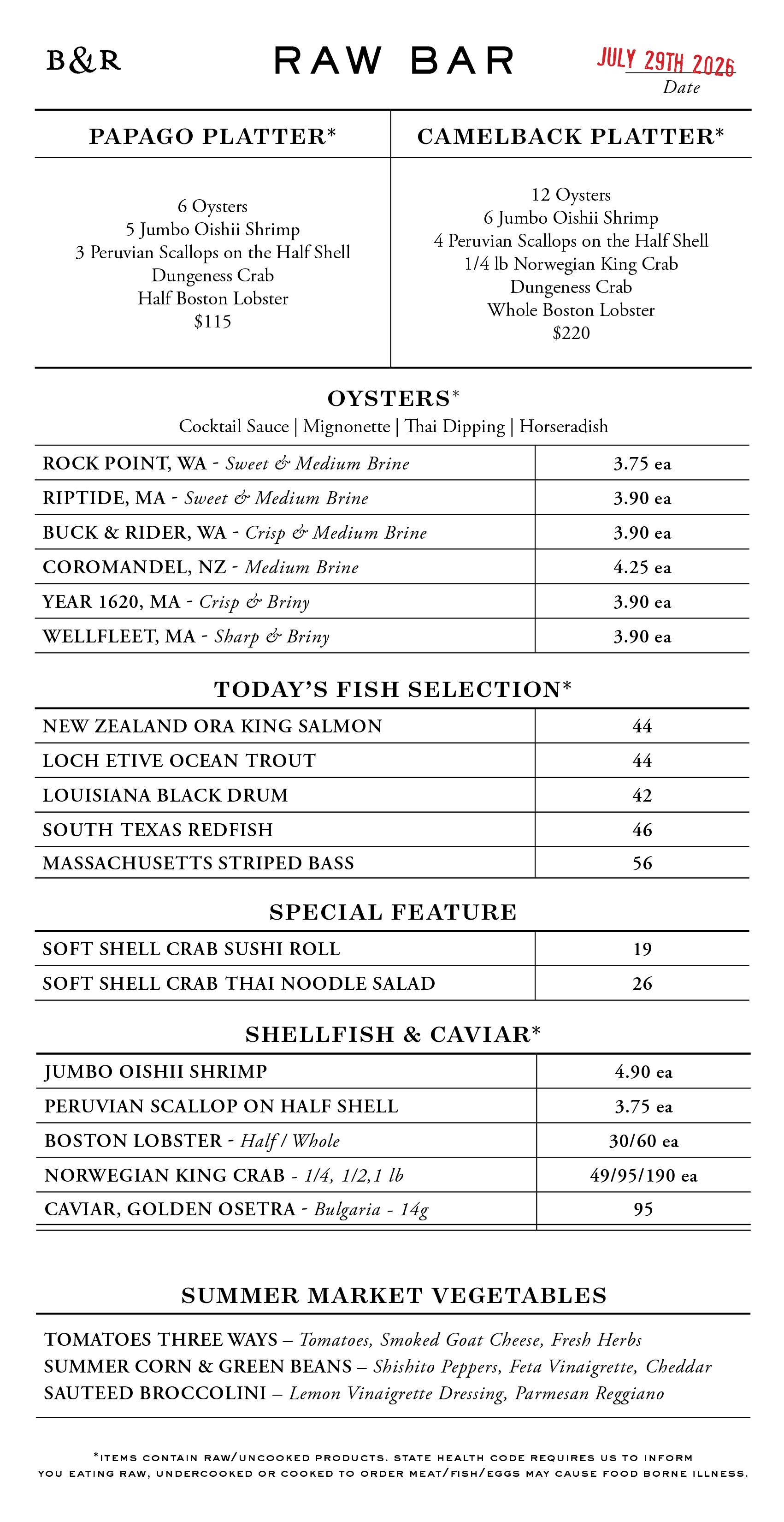 Raw Bar Menu