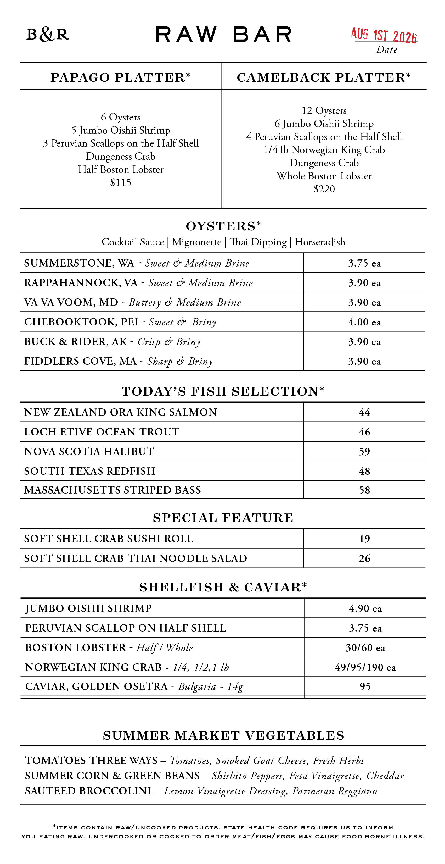 Raw Bar Menu
