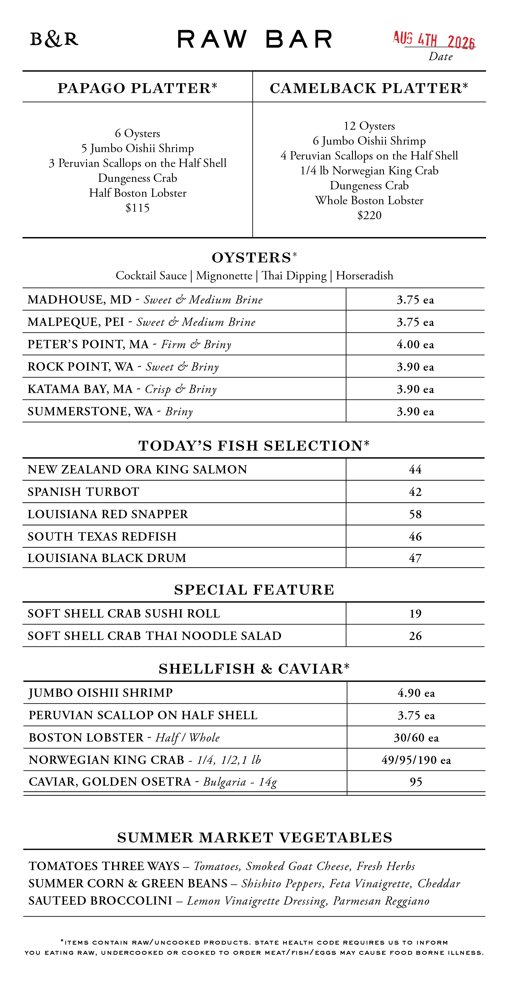 Raw Bar Menu