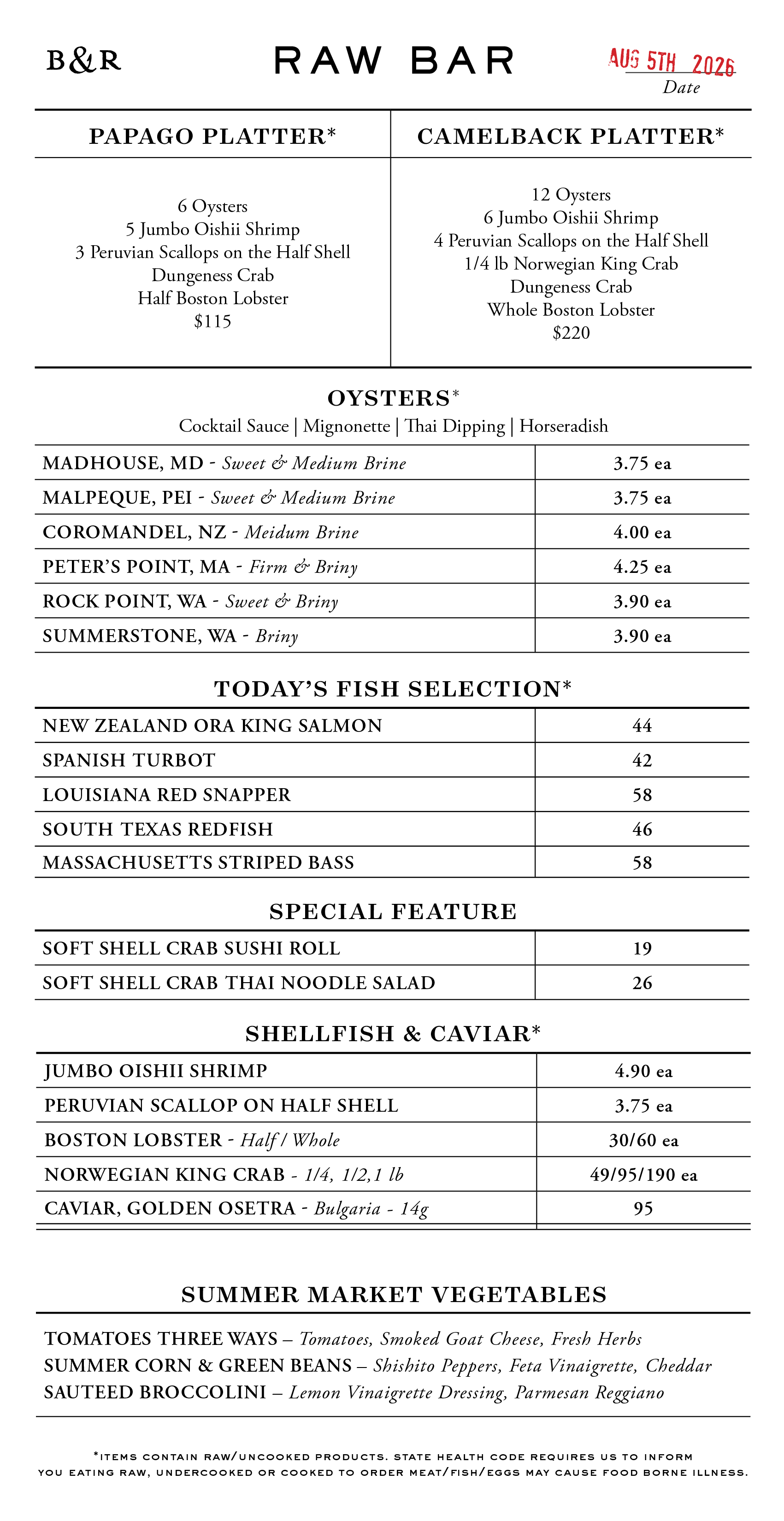 Raw Bar Menu