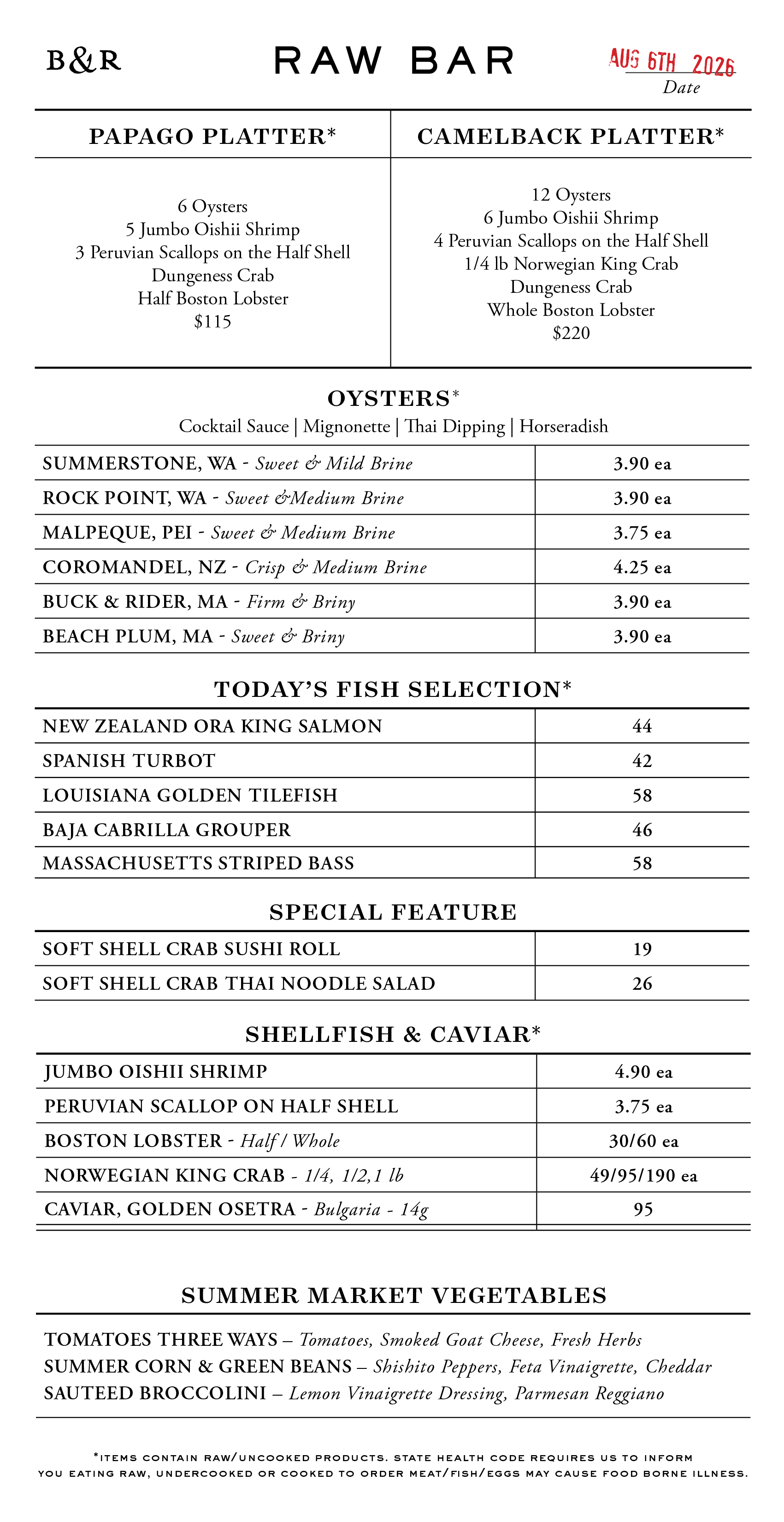 Raw Bar Menu