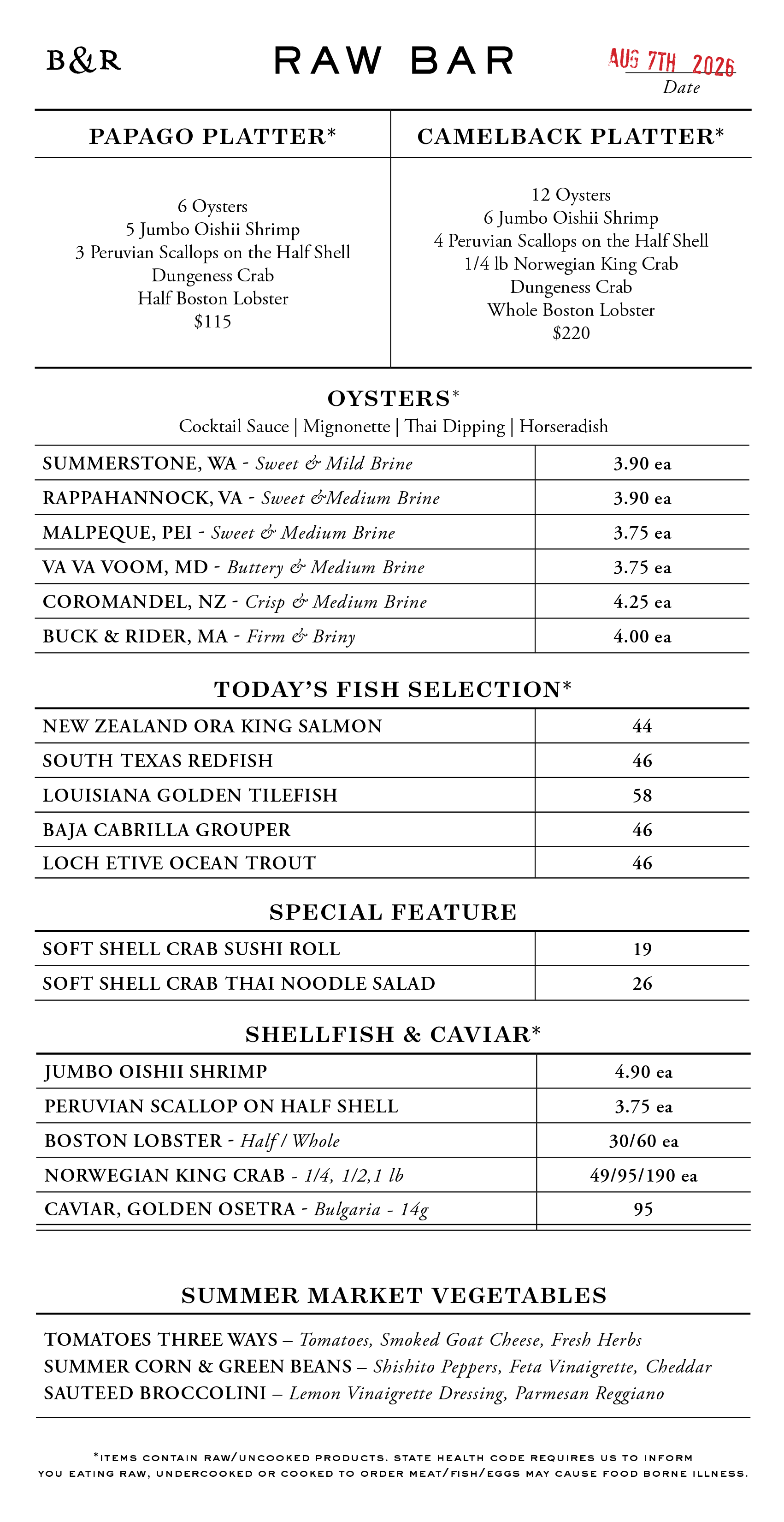 Raw Bar Menu