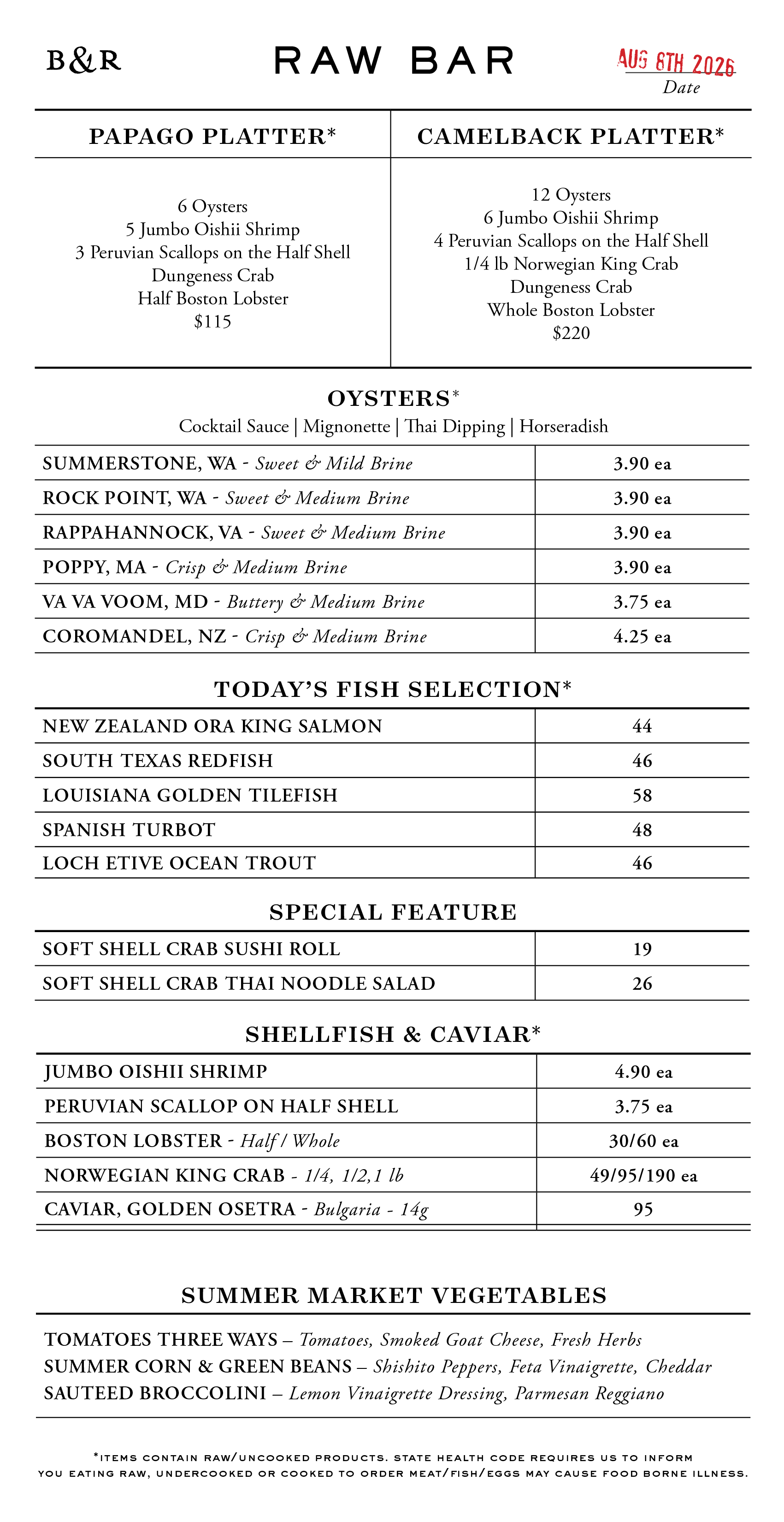 Raw Bar Menu