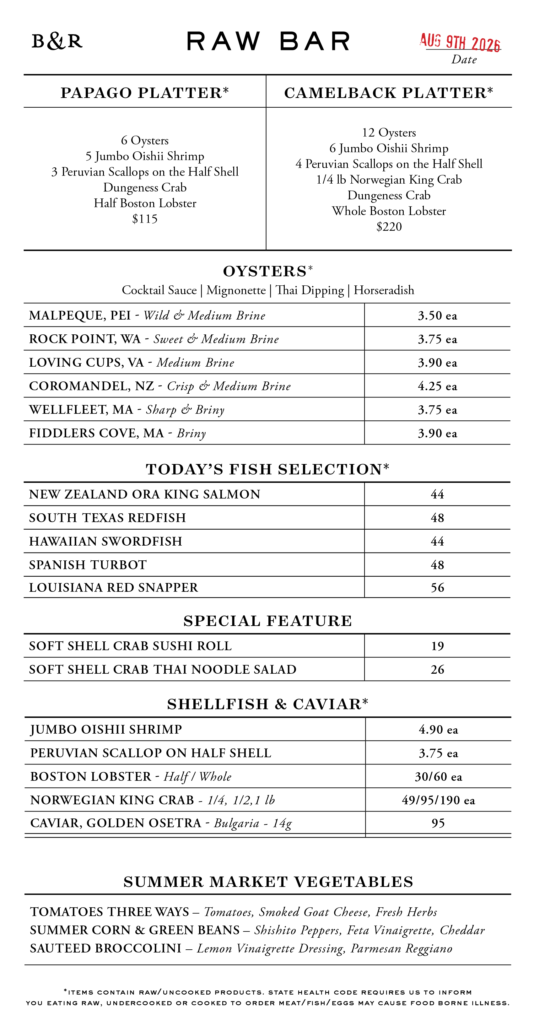 Raw Bar Menu