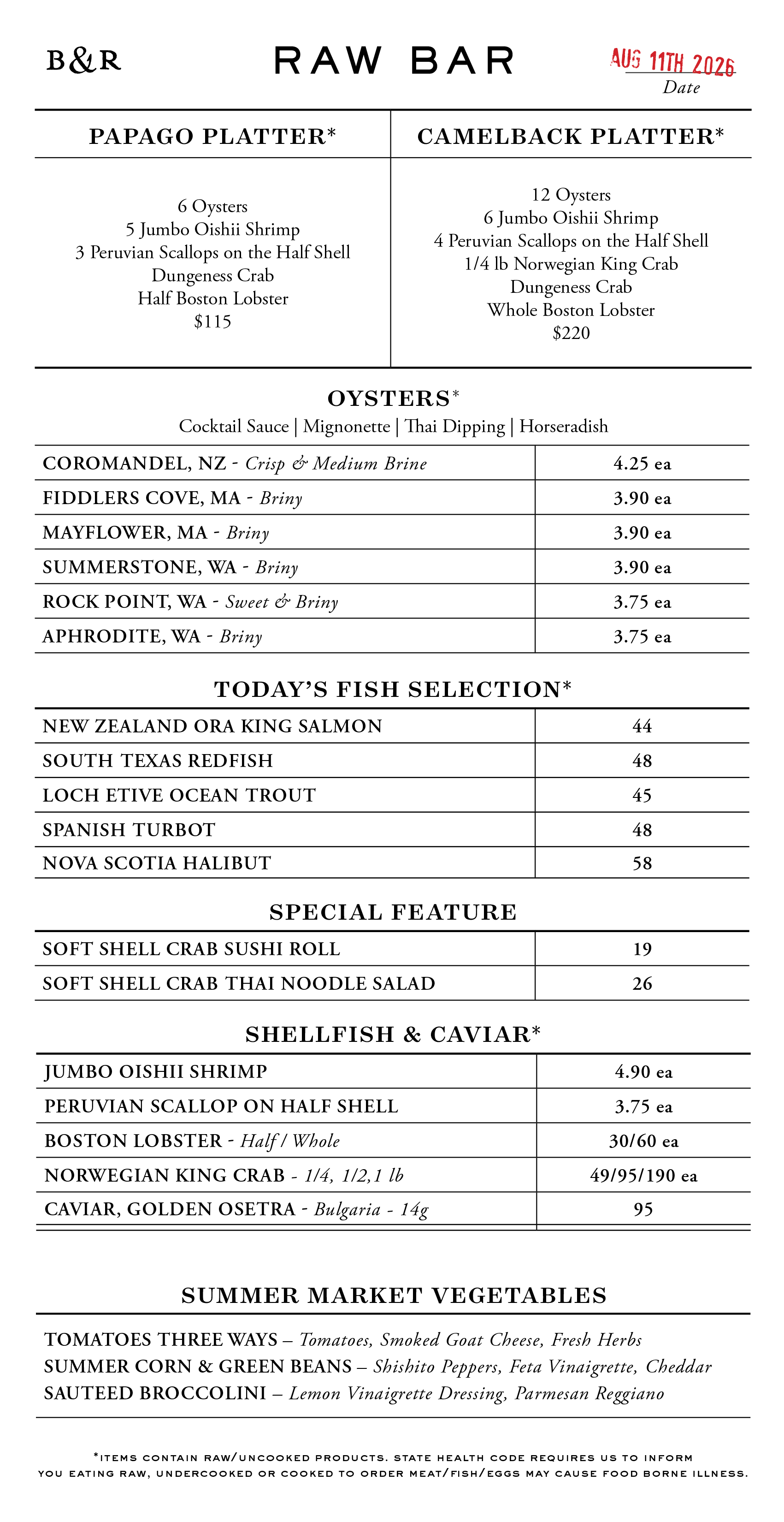 Raw Bar Menu