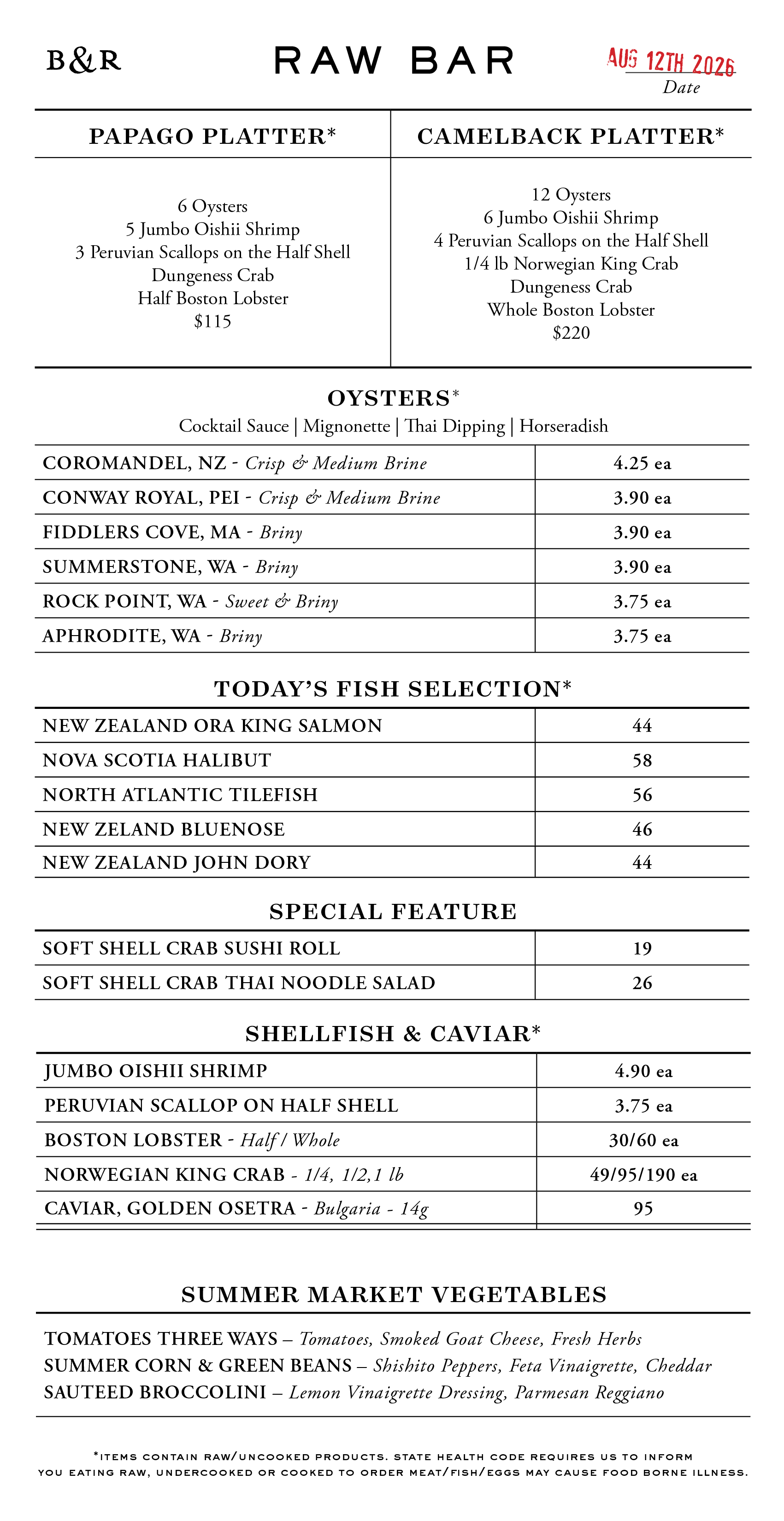 Raw Bar Menu
