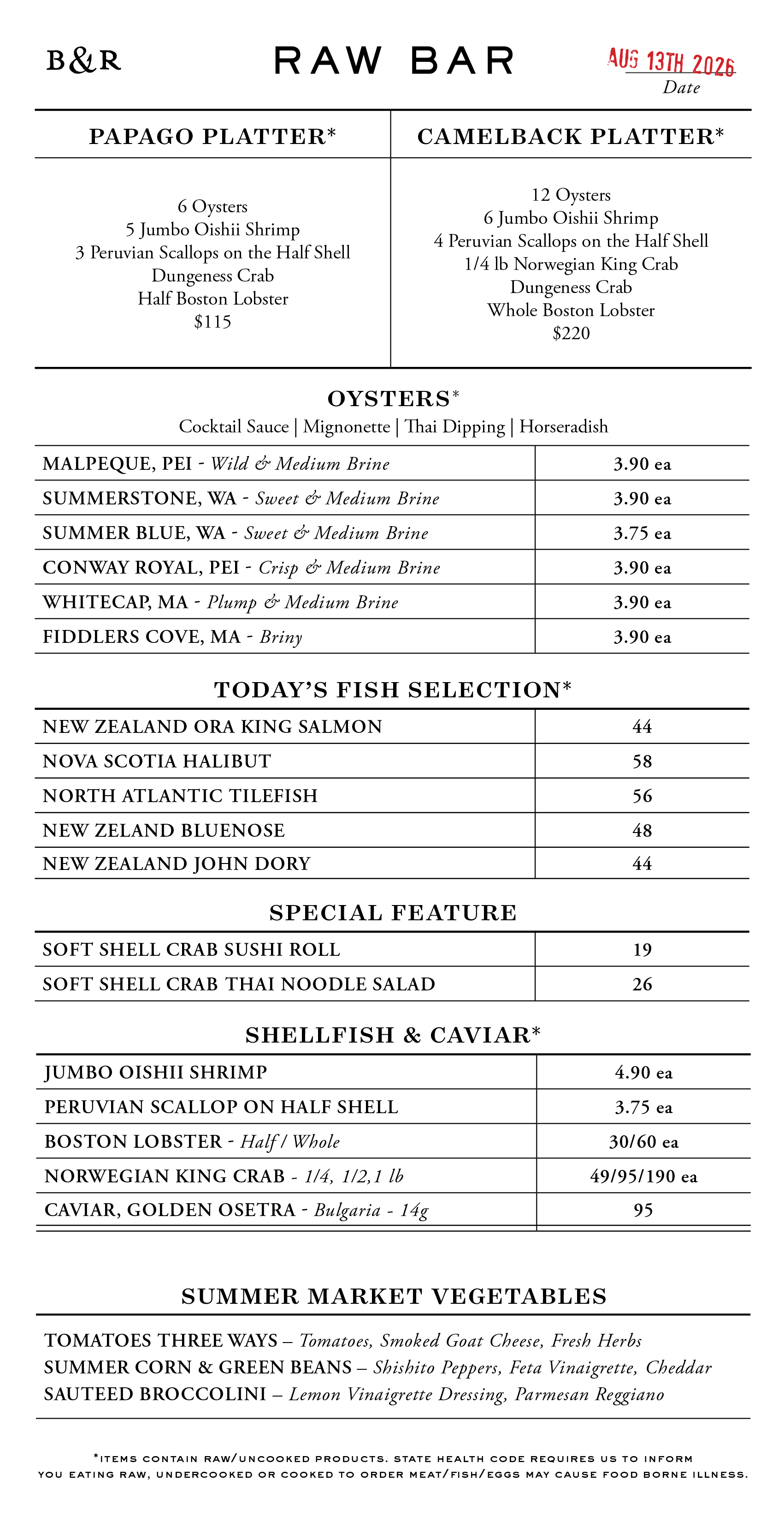 Raw Bar Menu